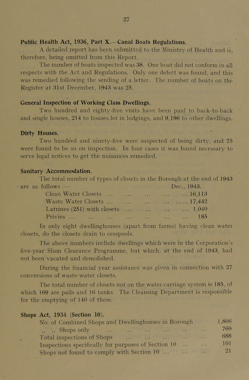 Public Health Act, 1936, Part X.—Canal Boats Regulations. A detailed report has been submitted to the Ministry of Health and is, therefore, being omitted from this Report. The number of boats inspected was 38. One boat did not conform in all respects with the Act and Regulations. Only one defect was found, and this was remedied following the sending of a letter. The number of boats on the Register at 31st December, 1943 was 25. General Inspection of Working Class Dwellings. Two hundred and eighty-five visits have been paid to back-to-back and single houses, 214 to houses let in lodgings, and 9,196 to other dwellings. Dirty Houses. Two hundred and ninety-five were suspected of being dirty, and 75 were found to be so on inspection. In four cases it was,found necessary to serve legal notices to get the nuisances remedied. Sanitary Accommodation. The total number of types of closets in the Borough at the end of 1943 are as follows ;— Dec., 1943. Clean Water Closets ... ... ... ... ...16,113 Waste Water Closets ... ... ... 17,442 Latrines (251) with closets ... ... ... ... 1,040 Privies ... ... ... ... ... ... ... 185 In only eight dwellinghouses (apart from farms) having clean water closets, do the closets drain to cesspools. \ The above numbers include dwellings which were in the Corporation’s five-year Slum Clearance Programme, but which, at the end of 1943, had not been vacated and demolished. During the financial year assistance was given in connection with 27 conversions of waste-water closets. The total number of closets not on the water-carriage system is 185, of which 169 are pails and 16 tanks. The Cleansing Department is responsible for the emptying of 140 of these. Shops Act, 1934 (Section 10). No. of Combined Shops and Dwellinghouses in Borough ,, ,, Shops only Total inspections of Shops Inspections specifically for purposes of Section 10 ... Shops not found to comply with Section 10 ... 1,806 760 688 101 21