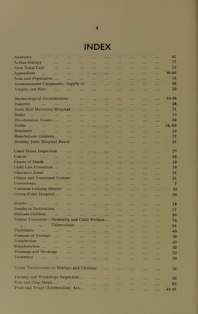 INDEX Abattoirs ... ... ... ... ••• ••• ••• ••• ••• 41 Actino-therapy ... ... ... ... ... ... ... ... ... 77 Ante Natal Care ... ... ... ... ... ... ... ... ... 72 Appendices ... ... ... ... ... ... ... ... ... ... 80-86 Area and Population ... ... ... ... ... ... ... 15 Arsenobenzene Compounds, Supply of ... ... ... ... ... ... 68 Ashpits and Bins ... ... ... ... ... ... ... ... ... 23 Bacteriological Examinations ... ... ... ... ... ... ... 54-58 Bakeries ... ... ... ... ... ... ... ... ... ... 28 Bank Hall Maternity Hospital ... ... ... ... ... ... ... 71 Baths ... ... ... ... ... ... ... ... ... .... ... 15 Bio-chemical Exams. ... ... ... ... ... ... ... ... ... 59 Births ... ... ... ... ... ... ... ... ... ... ... 16, 69 Blindness ... ... ... ... ... ... ... ... ... ... 52 Boarded-out Children... ... ... ... ... ... ... ... ... 77 Burnley Joint Hospital Board ... ... ... ... ... ... ... 21 Canal Boats Inspection ... ... ... ... ... ... ... ... 27 Cancer ... ... ... ... ... ... ... ... ... ... 52 Causes of Death ... ... ... ... ... ... ... ... ... 19 Child Life Protection ... ... ... ... ... ... ... ... ... 76 Clearance Areas ... ... ... ... ... ... ... ... ... 31 Clinics and Treatment Centres ... ... ... ... ... ... ... 21 Committees ... ... ... ... ... ... ... ... ... ... 7 Common Lodging Houses ... ... ... ... ... ... ... ... 25 Crown Point Hospital... ... ... ... ... ... ... ... ... 20 Deaths ... ... ... ... ... ... ... ... ... ... ]6 Deaths in Institutions ... ... ... ... ... ... ... ... jy Delicate Children ... ... ... ... ... ... ... ... ... 20 Dental Treatment—Maternity and Child Welfare... ... ... ... ... 76 .. Tuberculosis ... ... ... ... ... ... ... 64 Diphtheria ... ... ... ... ... ... ... .... ... ... 49 Diseases of Animals ... ... ... ... ... ... ... ... ... 39 Disinfection ... ... ... ... ... ... ... ... ... 53 Disinfestation ... ... ... ... ... ... ... ... ... 32 Drainage and Sewerage ... ... ... ... ... ... ... 22 Dysentery 50 Extra Nourishment to Mothers and Children ... ... ... ... 76 Factory and Workshops Inspection... ... ... ... ... 26 Fish and Chip Shops ... ... ... ... ... ... ... 29 Food and Drugs (Adulteration) Act... ... ... ... ... 45-48