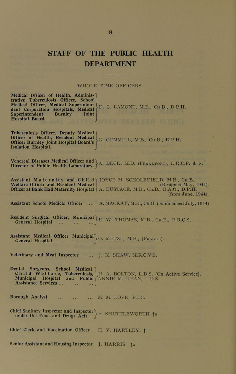 STAFF OF THE PUBLIC HEALTH DEPARTMENT WHOLE TIME OFFICERS. Medical Officer of Health, Adminis- trative Tuberculosis Officer, School Medical Officer, Medical Superinten- dent Corporation Hospitals, Medical Superintendent Burnley Joint Hospital Board. 1 I I >D. C. LAMONT, M.B., Ch.B., D.P.H. Tuberculosis Officer, Deputy Medical Officer of Health, Resident Medical Officer Burnley Joint Hospital Board’s Isolation Hospital. GEMMILL, M.B., Ch.B., D.P.H. Venereal Diseases Medical Officer and Director of Public Health Laboratory BECK, M.D. (Frankfort), L.R.C.P. & S.- Assistant Maternity and Child! JOYCE M. SCHOLEFIELD, M.B., Ch.B. Welfare Officer and Resident Medical y (Resigned May, 1944). Officer at Bank Hall Maternity Hospital J A. EUSTACE, M.B., Ch.B., B.A.O., D.P.H. (from June, 1944). Assistant School Medical Officer A. MACKAY, M.B., Ch.B. (commenced July, 1944) ^Gfmeral^Hospital°fflCer’ MumclPaIJ„E. W. THOMAS, M.B., Ch.B., F.R.C.S, Assistant Medical Officer Municipal'll .,T__,7r _ /T> , General Hospital f°’ METZL* MB* (Pragle) Veterinary and Meat Inspector ... J. K. SHAW, M.R.C.V.S. Dental Surgeons, School Medical ' Child Welfare, Tuberculosis, Municipal Hospital and Public Assistance Services H. A. BOLTON, L.D.S. (On Active Service). ANNIE M. KEAN, L.D.S. Borough Analyst Chief Sanitary Inspector and Inspector under the Food and Drugs Acts Chief Clerk and Vaccination Officer M. M. LOVE, F.I.C. j>F. SHUTTLE WORTH H. y. HARTLEY. \ fa Senior Assistant and Housing Inspector J. HARRIS fa