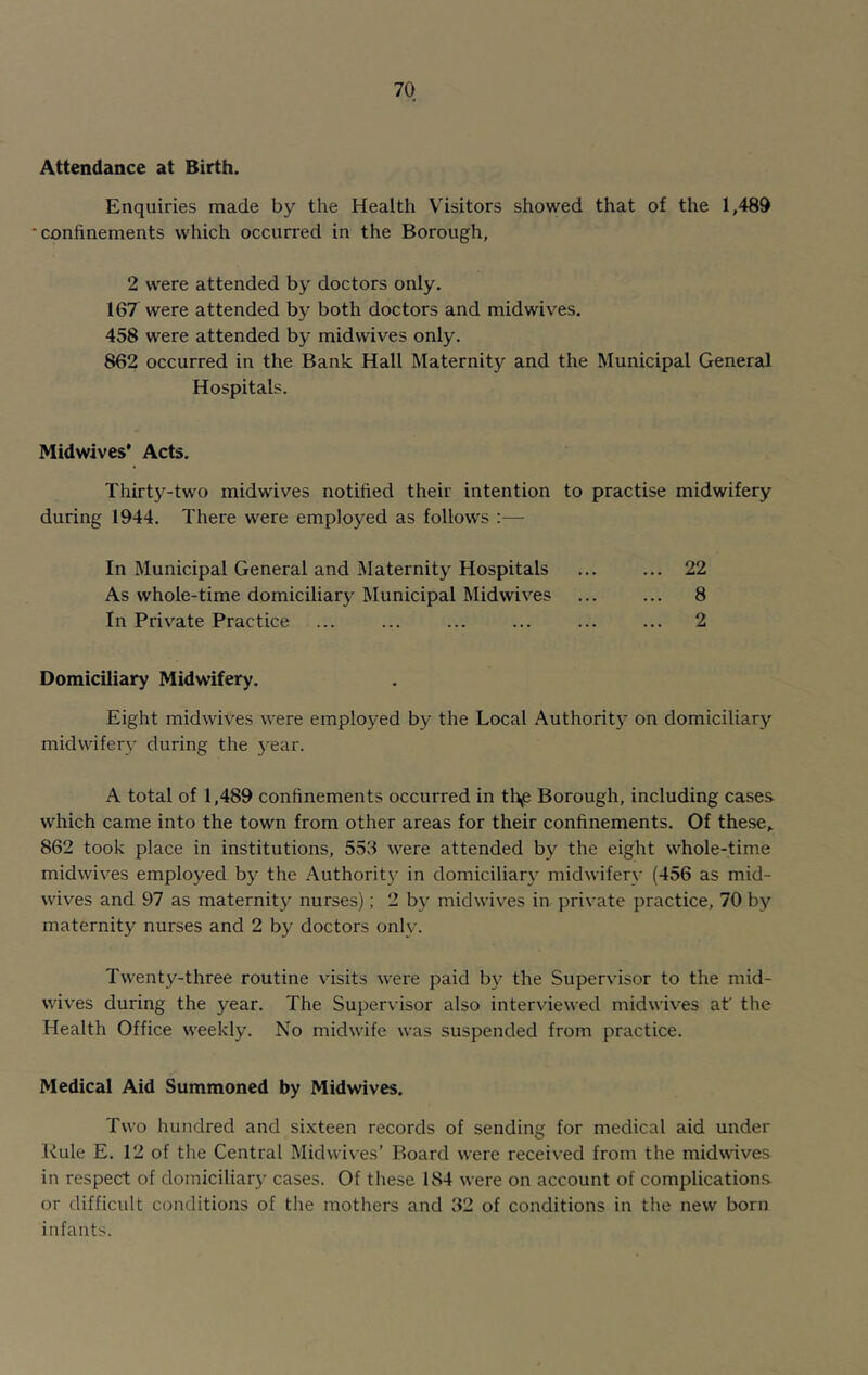 Attendance at Birth. Enquiries made by the Health Visitors showed that of the 1,489 •confinements which occurred in the Borough, 2 were attended by doctors only. 167 were attended by both doctors and midwives. 458 were attended by midwives only. 862 occurred in the Bank Hall Maternity and the Municipal General Hospitals. Midwives* Acts. Thirty-two midwives notified their intention to practise midwifery during 1944. There were employed as follows :— In Municipal General and Maternity Hospitals ... ... 22 As whole-time domiciliary Municipal Midwives ... ... 8 In Private Practice ... ... ... ... ... ... 2 Domiciliary Midwifery. Eight midwives were employed by the Local Authority on domiciliary midwifery during the j'ear. A total of 1,489 confinements occurred in th£ Borough, including cases which came into the town from other areas for their confinements. Of these, 862 took place in institutions, 553 were attended by the eight whole-time midwives employed by the Authority in domiciliary midwifery (456 as mid- wives and 97 as maternity nurses); 2 by midwives in private practice, 70 by maternity nurses and 2 by doctors only. Twenty-three routine visits were paid by the Supervisor to the mid- wives during the year. The Supervisor also interviewed midwives at' the Health Office weekly. No midwife was suspended from practice. Medical Aid Summoned by Midwives. Two hundred and sixteen records of sending for medical aid under Rule E. 12 of the Central Mid wives’ Board were received from the midwives in respect of domiciliary cases. Of these 184 were on account of complications or difficult conditions of the mothers and 32 of conditions in the new born infants.