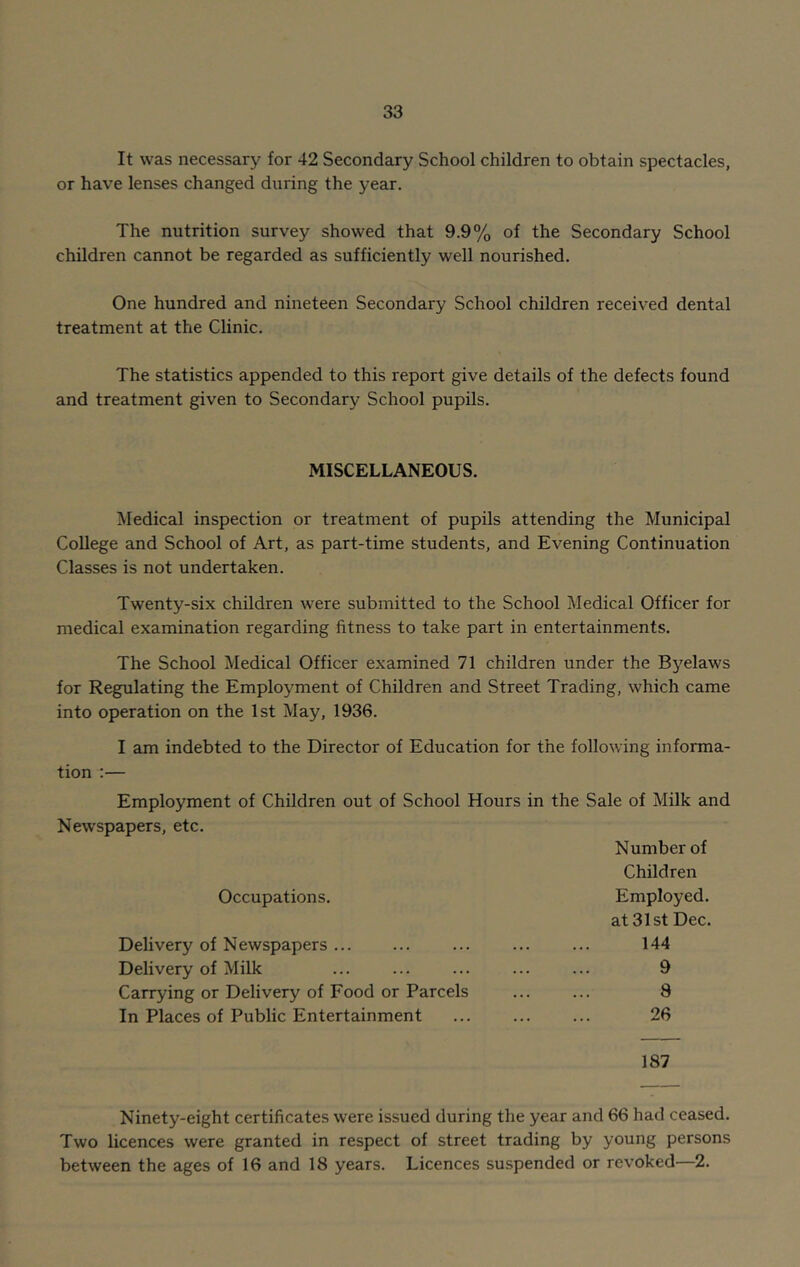 It was necessary for 42 Secondary School children to obtain spectacles, or have lenses changed during the year. The nutrition survey showed that 9.9% of the Secondary School children cannot be regarded as sufficiently well nourished. One hundred and nineteen Secondary School children received dental treatment at the Clinic. The statistics appended to this report give details of the defects found and treatment given to Secondary School pupils. MISCELLANEOUS. Medical inspection or treatment of pupils attending the Municipal College and School of Art, as part-time students, and Evening Continuation Classes is not undertaken. Twenty-six children were submitted to the School Medical Officer for medical examination regarding fitness to take part in entertainments. The School Medical Officer examined 71 children under the Byelaws for Regulating the Employment of Children and Street Trading, which came into operation on the 1st May, 1936. I am indebted to the Director of Education for the following informa- tion :— Employment of Children out of School Hours in the Sale of Milk and Newspapers, etc. Number of Children Occupations. Employed. at 31st Dec. Delivery of N ewspapers ... ... ... 144 Delivery of Milk ... ... ... ... ... 9 Carrying or Delivery of Food or Parcels ... ... 8 In Places of Public Entertainment ... ... ... 26 187 Ninety-eight certificates were issued during the year and 66 had ceased. Two licences were granted in respect of street trading by young persons between the ages of 16 and 18 years. Licences suspended or revoked—2.