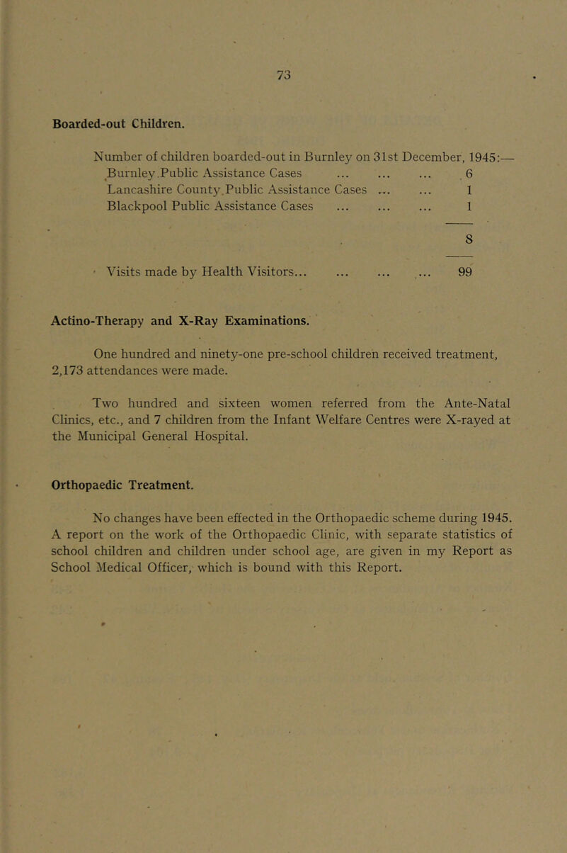 Boarded-out Children. Number of children boarded-out in Burnley on 31st December, 1945:— Burnley .Public Assistance Cases ... ... ... 6 Lancashire County.Public Assistance Cases ... ... 1 Blackpool Public Assistance Cases ... ... ... 1 8 ' Visits made by Health Visitors... ... ... ... 99 Actino-Therapy and X-Ray Examinations. One hundred and ninety-one pre-school children received treatment, 2,173 attendances were made. Two hundred and sixteen women referred from the Ante-Natal Clinics, etc., and 7 children from the Infant Welfare Centres were X-rayed at the Municipal General Hospital. Orthopaedic Treatment. No changes have been effected in the Orthopaedic scheme during 1945. A report on the work of the Orthopaedic Clinic, with separate statistics of school children and children under school age, are given in my Report as School Medical Officer, which is bound with this Report.