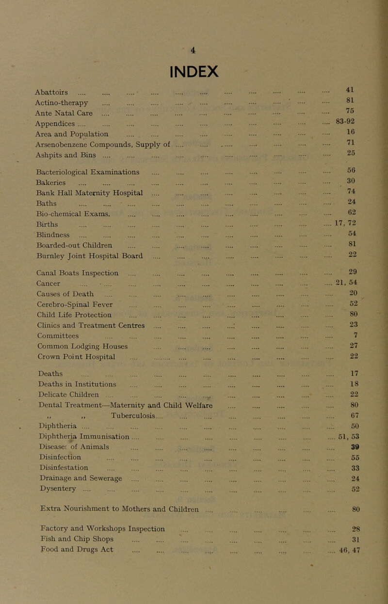 INDEX Abattoirs Actino-therapy Ante Natal Care Appendices .... Area and Population Arsenobenzene Compounds, Supply of .... Ashpits and Bins .... Bacteriological Examinations Bakeries Bank Hall Maternity Hospital .... Baths Bio-chemical Exams. Births Blindness Boarded-out Children Burnley Joint Hospital Board Canal Boats Inspection Cancer Causes of Death Cerebro-Spinal Fever Child Life Protection Clinics and Treatment Centres .... Committees Common Lodging Houses Crown Point Hospital .... Deaths Deaths in Institutions Delicate Children .... Dental Treatment—Maternity and Child Welfare ,, ,, Tuberculosis.... Diphtheria .... Diphtheria Immunisation .... Disease! of Animals .... Disinfection Disinfestation Drainage and Sewerage Dysentery .... .... .... 41 81 75 .... 83-92 16 71 25 56 30 74 24 62 .... 17, 72 54 81 22 29 .... 21, 54 20 52 80 23 7 27 22 17 18 22 80 67 50 .... 51, 53 39 55 33 24 Extra Nourishment to Mothers and Children 80 Factory and Workshops Inspection Fish and Chip Shops Food and Drugs Act 28 31 .... 46, 47