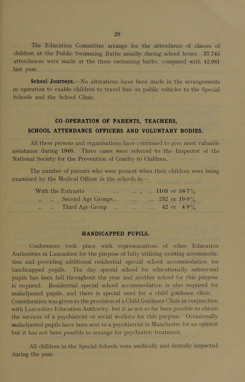 The Education Committee arrange for the attendance of classes of cliildren at the Public Swimming Baths usually during school hours. 37,745 attendances were made at the three swimming baths, compared with 42,981 last year. School Journeys.—No alterations have been made in the arrangements in operation to enable children to travel free on public vehicles to the Special Schools and the School Clinic. CO-OPERATION OF PARENTS, TEACHERS, SCHOOL ATTENDANCE OFFICERS AND VOLUNTARY BODIES. All these persons and organisations have continued to give most valuable assistance during 1946. Three cases were referred to the Inspector of the National Society for the Prevention of Cruelty to Children. The number of parents who were present when their children were being examined by the Medical Officer in the schools is— 1103 or 58-7% 232 or 19-0% 42 or 4-9% With the Entrants Second Age Groups.... Third Age Group .... HANDICAPPED PUPILS. Conferences took place with representatives of other Education Authorities in Lancashire for the purpose of fully utilising existing accommoda- tion and providing additional residential special school accommodation for handicapped pupils. The day special school for educationall}^ subnormal pupils has been full throughout the year and another school for this purpose is required. Residential special school accommodation is also required for maladjusted pupils, and there is special need for a child guidance clinic. Consideration was given to the provision of a Child Guidance Clinic in conjunction with Lancashire Education Authority, but it as not so far been possible to obtain the services of a psychiatrist or social workers for this purpose. Occasionally maladjusted pupils have been sent to a psychiatrist in Manchester for an opinion but it has not been possible to arrange for psychiatric treatment. All children in the Special Schools were medically and dentally inspected during the year.