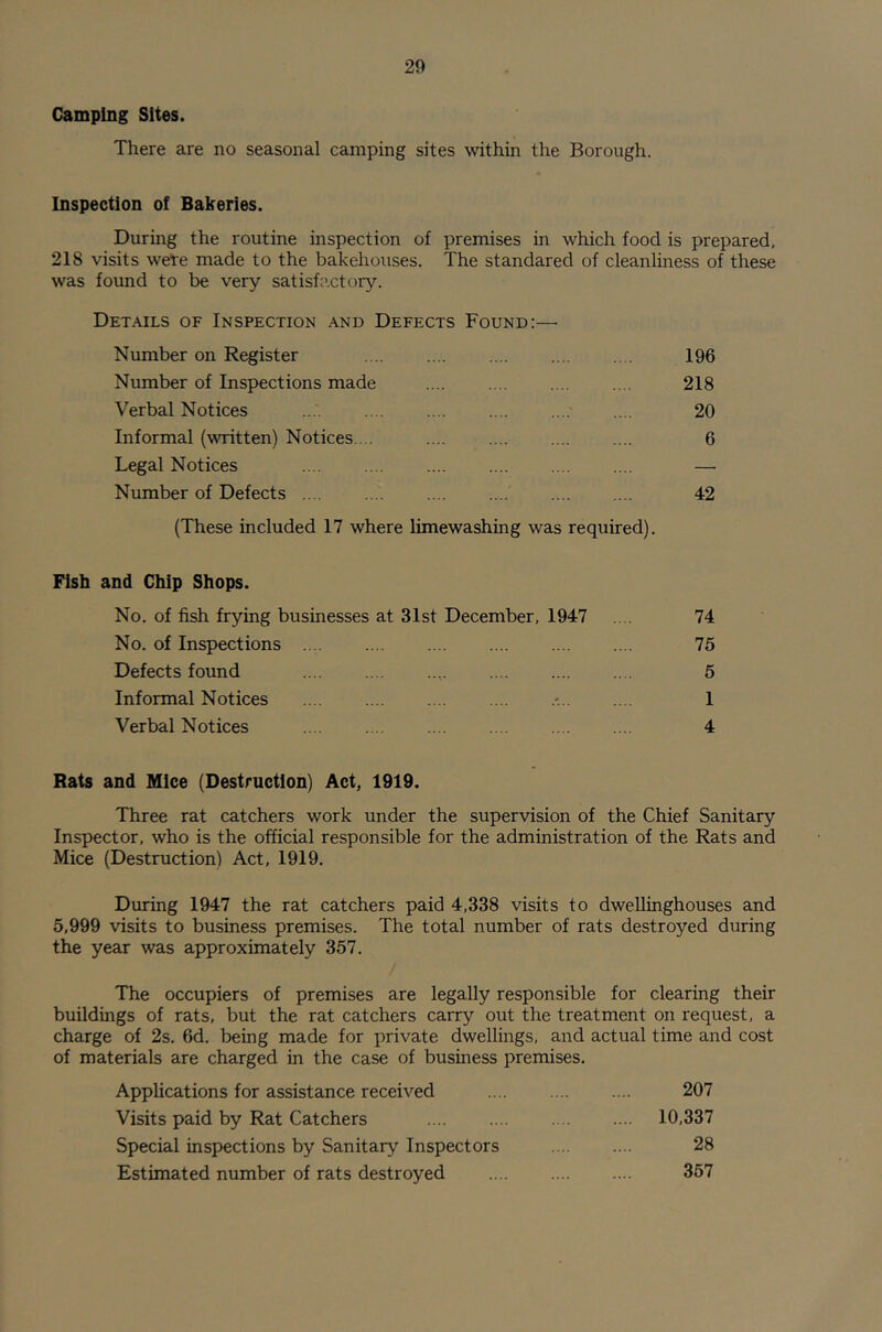 Camping Sites. There are no seasonal camping sites within the Borough. Inspection of Bakeries. During the routine inspection of premises in which food is prepared, 218 visits were made to the bakehouses. The standared of cleanliness of these was found to be very satisfactory. Details of Inspection and Defects Found:— Number on Register 196 Number of Inspections made 218 Verbal Notices 20 Informal (written) Notices. . .... .... .... .... 6 Legal Notices — Number of Defects 42 (These included 17 where limewashing was required). Fish and Chip Shops. No. of fish frying businesses at 31st December, 1947 No. of Inspections Defects found Informal Notices Verbal Notices 74 75 5 1 4 Rats and Mice (Destruction) Act, 1919. Three rat catchers work under the supervision of the Chief Sanitary Inspector, who is the official responsible for the administration of the Rats and Mice (Destruction) Act, 1919. During 1947 the rat catchers paid 4,338 visits to dweUinghouses and 5,999 visits to business premises. The total number of rats destroyed during the year was approximately 357. The occupiers of premises are legally responsible for clearing their buildings of rats, but the rat catchers carry out the treatment on request, a charge of 2s, 6d, being made for private dwellings, and actual time and cost of materials are charged in the case of business premises. AppUcations for assistance received 207 Visits paid by Rat Catchers Special inspections by Sanitary Inspectors Estimated number of rats destroyed 10,337 28 357