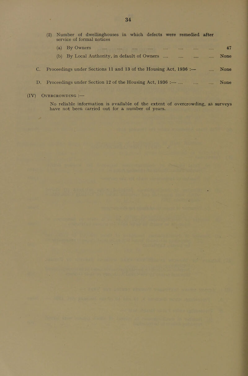 (2) Number of dwellinghouses in which defects were remedied after service of formal notices (a) By Owners .... 47 (b) By Local Authority, in default of Owners None C. Proceedings under Sections 11 and 13 of the Housing Act, 1936 :— .... None D. Proceedings under Section 12 of the Housing Act, 1936 :— .... .... .... None (IV) Overcrowding :— No reliable information is available of the extent of overcrowding, as surveys have not been carried out for a number of years.