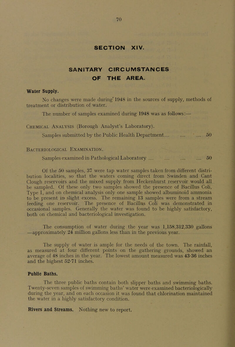 SECTION XIV. SANITARY CIRCUMSTANCES OF THE AREA. Water Supply. No changes were made during’ 1948 in the sources of supply, methods of treatment or distribution of water. The number of samples examined during 1948 was as follows:— Chemical Analysis (Borough Analyst’s Laboratory). Samples submitted by the Public Health Department .... 50 Bacteriological Examination. Samples examined in Pathological Laboratory .... 50 Of the 50 samples, 37 were tap water samples taken from different distri- bution localities, so that the waters coming direct from Swinden and Cant Clough reservoirs and the mixed supply from Heckenhurst reservoir would all be sampled. Of these only two samples showed the presence of Bacillus Coh, Type I, and on chemical analysis only one sample showed albuminoid ammonia to be present in- slight excess. The remaining 13 samples were from a stream feeding one reservoir. The presence of Bacillus Coli was demonstrated in occasional samples. Generally the water was found to be highly satisfactory, both on chemical and bacteriological investigation. The consumption of water during the year was 1,158,312,330 gallons —approximately 24 million gallons less than in the previous year. The supply of water is ample for the needs of the town. The rainfall, as measured at four different points on the gathering grounds, showed an average of 48 inches in the year. The lowest amount measured was 43-36 inches and the highest 52-71 inches. Public Baths. The three public baths contain both slipper baths and swimming baths. Twenty-seven samples of swimming baths’ water were examined bacteriologically during the year, and on each occasion it was found that chlorination maintained the water in a highly satisfactory condition. Rivers and Streams. Nothing new to report.