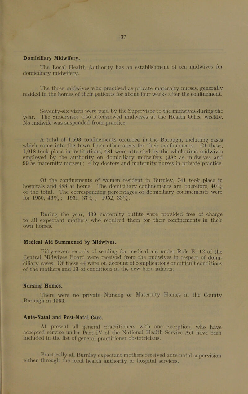 Domiciliary Midwifery. The Local Health Authority has an establishment of ten midwives for domiciliary midwifery. The three midwives who practised as private maternity nurses, generally resided in the homes of their patients for about four weeks after the confinement. Seventy-six visits were paid by the Supervisor to the midwives during the year. The Supervisor also interviewed midwives at the Health Office weekly. No midwife was suspended from practice. A total of 1,503 confinements occurred in the Borough, including cases which came into the toAvn from other areas for their confinements. Of these, 1,018 took place in institutions, 481 were attended by the whole-time midwives employed by the authority on domiciliary midwifery (382 as midwives and 99 as maternity nurses) ; 4 by doctors and maternity nurses in private practice. Of the confinements of women resident in Burnley, 741 took place in hospitals and 488 at home. The domiciliary confinements are, therefore, 40% of the total. The corresponding percentages of domiciliary confinements were for 1950, 46% ; 1951, 37% ; 1952, 33%. During the year, 499 maternity outfits were provided free of charge to all expectant mothers who required them for their confinements in their own homes. Medical Aid Summoned by Midwives. Fifty-seven records of sending for medical aid under Rule E. 12 of the Central Midwives Board were received from the midwives in respect of domi- ciliary cases. Of these 44 were on account of complications or difiicult conditions of the mothers and 13 of conditions in the new born infants. Nursing Homes. There were no private Nursing or Maternity Homes in the County Borough in 1953. Ante-Natal and Post-Natal Care. At present all general practitioners with one exception, who have accepted service under Part IV of the National Health Service Act have been included in the list of general practitioner obstetricians. Practically all Burnley expectant mothers received ante-natal .supervision either through the local health authority or hospital services.