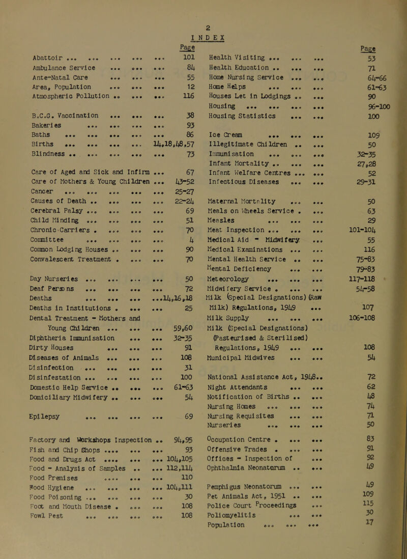 IN D E X Page ^oil' ••• •o* ••• • • 9 a a a 101 Health Visiting • • • 53 Ambulance Service o • • a a a 84 Health Education • • • 71 Ante-Natal Care • • • a a a 55 Home Nursing Service ... • • • 64-66 Area, Population ... a a a 12 Home Helps • • • 61-63 Atmospheric Pollution .« 0 # • a a a 116 Houses Let in Lodgings .. • • • 90 Housing ... ... ... • • • 96-100 BoC.O. Vaccination ... • • • a a a 38 Housing Statistics ... • • • 100 Bakerles • * • a a o 93 Baths ... ... ... • • e a a a 86 Ice Cr earn ... ... 109 Biirths ... ... ... • O V 14,18,i|8,57 Illegitimate Children .. • • • 50 Blindness .. ... •«« • • e a a a 73 Immunisation ... ... 32-35 Infant Mortality • • • 27,28 Care of Aged and Sick and Infirm a a a 67 Infant Welfare Centres ... • o • 52 Care of Mothers & Young Children a a a 43-52 Infectious Diseases ... « ♦ • 29-31 Cancer ... ..e • • « a a a 25-27 Causes of Death .. ... a • • a o 0 22-24 Maternal Mortality ... # o • 50 Cerebral Palsy ... ... a a o a a a 69 Meals on VJheels Service . • e • 63 Child Minding ... ... e a a a a a 51 Measles o e • 29 Chronic'Carriers . ... a o 0 a a a 70 Meat Inspection ... ... • • o 101-104 ComQlttee ... ... a a o a a 0 4 Medical Aid - Midwifery • e 0 55 Comnon Lodging Houses .. a a a a a a 90 Medical Examinations ... o c • 116 Convalescent Treatment . a a a a a a 70 Mental Health Service .. « • • 75-83 ^^ental Deficiency ... • • • 79-83 Day Nurseries ... ... a • a a a a 50 Meteorology ... ... • • • 117-118 Deaf Pers) ns a a a a a a 72 Midwifery Service • e • • 54-58 Deaths a a a .. .14,16,18 Milk (special Designations) (Raw Deaths in Institutions . a a a a a a 25 Milk) Regulations, 19149 • • • 107 Dental Treatment - Mothers and Milk Supply • • • 106-108 Young Chi Idren ... a a a a a a 59,60 Milk (Special Designations) Diphtheria Immunisation a a a a a a 32-35 (Pasteurised & Sterilised) Dirty Houses a a a a a a 91 Regulations, 1949 ... • • • 108 Diseases of Animals ... a a a a a a 108 Municipal Midwives ... • • • 54 Disinfection ... ... a a a a a a 31 Disinfestation a a a a a a 100 National Assistance Act, 1948.. 72 Domestic Help Service •• a aa a a a 61-63 Night Attendants ... • • • 62 Domiciliary Midwifery .. a a a a a a 54 Notification of Births .. • • • ha Nursing Homes ... ... • • • 74 Epilepsy a a a a a a 69 Nursing Requisites ... • • • 71 Nurseries ... ... • • • 50 Factory and Workshops Inspection 1 a a 94,95 Occupation Centre . ... « • • 83 Fish and Chip Glhops .... a a a a a a 93 Offensive Trades . • • • 91 Food and Drugs Act .... a a a a a a 104,105 Offices “ Inspection of o • • 92 Food - Analysis of Samples a a a a a 112,114 Ophthalmia Neonatorum .. • • • 49 Food Premises .... a 0 a a o a 110 49 Food Hygiene ... ... a a a a a a 104,111 Pemphigus Neonatortun ... • • • Food Poisoning ... a o a a a a 30 Pet Animals Act, 1951 •• • • • 109 Foot and Mouth Disease . a a a a o a 108 Police Court Proceedings O 0 • 115 Fowl Pest ... ... a a a o a a 108 Poliomyelitis ... • o • 30 Population ... ... • • • 17