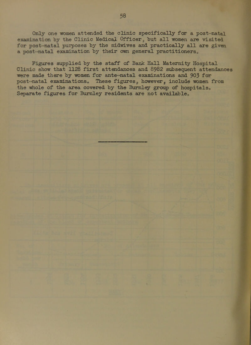 Only one -women attended the clinic specifically for a post-^natal examination by the Clinic Medical Officer^ but all women are -visited for post=natal purposes by the midwives and practically all are given a post=natal examination by their own general practitioners o Figures supplied by the staff of Bank Hall Matemi-ty Hospital Clinic show that 1128 first attendances and 8982 subsequent attendances were made there by women for ante^natal examinations and 903 for post-natal exandnationso These figures ^ however j, include women from the whole of the area covered by the Burnley group of hospitalSo Separate figures for Burnley residents are not availableo