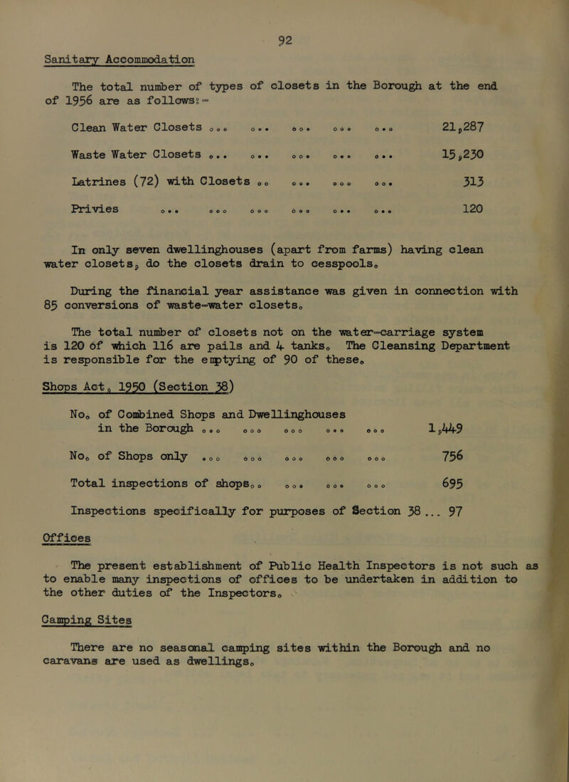 Samitary Accommodation The total number of types of closets in the Borough at the end of 1956 are as foUowsi- 0lean Water Olosets 000 o** oo* 000 o«o 21^237 Waste Water Olosets o** o** oo« o** o** 13$2“^^ liatrines (72) with Olosets 00 ©«• ©o© ©©• 313 ^^nvies ©•• 000 000 o©o ©•• ©•• 120 In only seven dwellinghouses (apart from farms) having clean water closet Sj, do the closets drain to cesspoolso During the financial year assistance was given in connection with 85 conversions of waste-water closets© The total number of closets not on the water-carriage system is 120 Of -vdiich II6 are pails and 4 tanks© The Oleansing Department is re^onsible for the enptying of 90 of these© Shops Act© 1950 (Section 38) No© of Combined Shops and DweUinghouses in the Borough ©,© ©©© ©©© ©.» ©©© 15449 No© of Shops only .©© ©©© ©©© ©©© ©©© 756 Total inspections of shops© © © ©. © ©. © © © 695 Inspections specifically for purposes of Section 38 ... 97 Offices The present establishment of Public Health Inspectors is not such to enable many inspections of offices to be undertaken in addition to the other duties of the Inspectors© v Camping Sites There are no seasonal canping sites within the Borough and no caravans are used as dwellings©