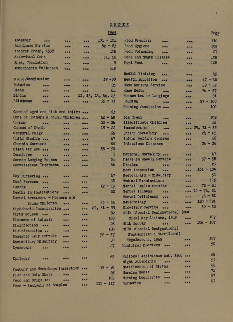 » Abattoir ... • • • • •• Page 101 - lOli Ambulance Service • •• • •• 82 - 83 Anthrax Order, 1938 • •• • # • 108 Ante-Natal Care • • • • • • 51, 52 Area, Population • • • • •• 9 Atmospheric Pollution • •• • •• 119 B.C.G.Vacca nation • • • 37-38 Bakeries ... • •• • •• 93 Baths ... • •• • •• 8k Births ... ••• Up 15 , 16, ItA, k5 Blindness ••• ••• • •• 69 - 71 Care of Aged and Sick and Infirm • • • 63 Care of Mothers & Young Clilldren • •• - 1+8 Canctr ... • •• • •• 22-21+ Causes of Death • •• • •• 19-22 Ceretoral Palsy • •• • •• 65 Child Minding ... • • • • •• hi Chronic Carriers 66 Clean Air Act ... • •• ■ 88-90 Comalttee ... • • • • # • 1 Coounon Lodging Houses • • • • •• 91 Convalescent Treatment • • # • • • 66 Day Nurseries ... • • • • • • 1;7 Deaf Persons ... • • • • • • 68 Deaths ... • • # • • • 12-16 Deaths In Institutions • • • • •• 22 Dental Treatment - Mothers and Young Children ... • • # 53 - 55 Diphtheria InHnunisatlon # • • 29, 31 - 33 Dirty Houses ... • • • • • • 92 Diseases of Animals • • • • •• 108 Disinfection ... • •• 28 Disinfestation .. • • • • •• 100 Domestic Help Service • • • • •• 56 - 57 Domiciliary Midwifery • • • • •• 50 Dysentery ... • • • 27 Epilepsy • •• • •• 65 Factory and Workshops Inspection 95-96 Fish and Chip Shops • •• 93 Food and Drugs Act • •• • •• 105 Food - Analysis of Samples • • • 111 - 117 Page Food Premises ... • •• 110 Food Hygiene ... • • • 105 Food Poisoning ... • •• 27 Foot and Mouth Disease • • • 108 Fowl Pest ... 108 Health Visiting ... i+9 Health Education ... • mm 67 - 68 Home Nursing Service • •• 59-62 Home Helps ... • •• 56-57 Houses Let In Lodgings mmm 91 Housing .*• mmm 97-100 Housing Statistics ••• mmm 100 Ice Cream ... mmm 109 Illegitimate Children mmm 16 Immunisation mmm 29, 31 -.33 Infant Mortality ... mmm 21+ - 25 Infant Welfare Centres mmm h6 Infectious Diseases mmm 26-28 Maternal Mortality ... mmm 1+7 Meals on Wheels Service mmm 57-58 Measles mmm 26 ^eat Inspection ... mmm 101 - 105 Medical Aid - Midwifery mmm 51 Medical Examinations mmm 119 Mental Health Service mmm 72 - 81 Mental Illness ... mmm 72 - Ikf 81 Mental Deficiency ... mmm 71+ - 81 Meteorology ..• mmm 120-121 Midwifery Service ... mmm 50 - 52 Milk (Special Designations) (Raw Milk) Regulations, 19i+9 mmm 107 Milk Supply ••• mmm 106 - 107 Milk (Special Designations) (Pasteurised & Sterilised) Regulations, 19i+9 mmm 107 Municipal Midwives ... mmm 50 National Assistance Act, 19i+8 mmm 68 Night Attendants ... mmm 57 Notification of Births mmm hk Nursing Homes ••• mmm 71 Nursing Requisites ... mmm 67 1 “7 Nurseries ••• mmm 47