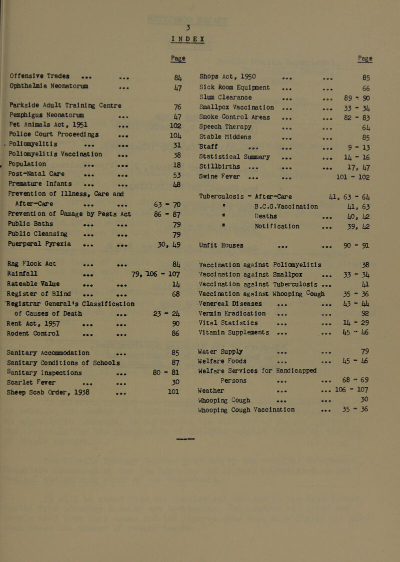 INDEX Page Offensive Trades ... • • • 6h Ophthalmia Neonatorum « • • hi Parkslde Adult Training Centre 76 Pemphigus Neonatorum • • • hi Pet Animals Act, 1951 • • • 102 Police Court Proceedings • • • 102| . Poliomyelitis • •• 31 Poliomyelitis Vaccination • • • 38 Population ... • • • 18 Post-Natal Care ... 53 Premature Infants ... Prevention of Illness, Care • • • and hB After-Care ... • # • 63-70 Prevwitlon of Damage by Pests Act 86-87 Public Baths ... • • • 79 Public Cleansing ... • •• 79 Puerperal Pyrexia ... # •« 30, h9 Rag FlocR Act ... • • • 6k Rainfall ... 79, 106 - 107 Rateable Value ... • • • Ih Register of Blind ... ... Registrar General's Classification 68 of Causes of Death • • • 1 CM Rent Act, 1957 ... # • # 90 Rodent Control ... • • • 86 Sanitary Accommodation • • • 85 Sanitary Conditions of Schools 87 Sanitary Inspections • # • 80 - 81 Scarlet Fever ... • • • 30 Sheep Scab Order, 1938 101 Pa^e Shops Act, 1950 • • • 9 0 9 85 Sick Room Equlpnient • • • 9 9 9 66 Slum Clearance • • • 0 9 9 89 ^ 90 Smallpox Vaccination ... 9 9 9 33 - 3k Smoke Control Areas • • • 9 9 9 82 - 83 Speech Therapy • • • 9 9 9 6k Stable Middens • • • 9 9 9 85 Staff ... « • • 9 9 9 9-13 Statistical Summary • • • 9 9 9 11; - 16 Stillbirths ... • • • 9 9 9 17, kl Swine Fever ... • • • 101 - 102 Tuberculosis - After-Care ui, 63 - Sk « B.C.C }.Vaccination kl» 63  Deaths 999 1|0, hZ ■ Notification 999 39, kZ Unfit Houses • # • 999 90-91 Vaccination against Poliomyelitis 38 Vaccination against Smallpox 999 33 “ 31; Vaccination against Tuberculosis 9 9 9 la Vaccination against Whooping Cough 35-36 Venereal Diseases • • • 9 9 9 k3~ kh Vermin Eradication • • • 9 9 9 92 Vital Statistics • • • 0 0 9 14-29 Vitamin Supplements • • • 9 9 9 45-46 Water Supply • • • 9 9 9 79 Welfare Foods • « 9 9 9 9 45-46 Welfare Services for Handicapped Persons • 09 9 9 9 68 - 69 Weather 999 9 9 9 106 - 107 Whooping Cough • 9 9 9 9 9 30 Whooping Cough Vaccination 9 9 9 35-36