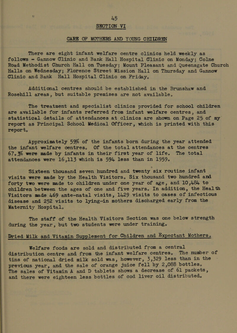 SECTION VI CARE OP MOTHERS AND YOUNG CHILDREN There sire eight infant welfare centre clinics held weekly as follows - Gannow Clinic and Bank Hall Hospital Clinic on Mondays Colne Road Methodist Church Hall on Tuesday| Mount Pleasant and Queensgate Church Halls on Wednesday; Florence Street Mission Hall on Thursday and GaJinow Clinic and Bank Hall Hospital Clinic on PricSayo Additional centres should be established in the Brunshaw and Rosehill areas, but suitable premises are not available,. The treatment and specialist clinics provided for school children are available for infants referred from infant welfare centres, and statistical details of attendances at clinics are shown on Page 25 of my' report as Principal School Medical Officer, which is printed with this reporto Approximately 59^ of the infants born during the year attended the infant welfare centreso Of the total attendances at the centres 67o3^ were made by infants in their first year of life* The total attendances were 16,113 which is 594 less than in 1959o Sixteen thousand seven hxindred and twenty six routine infant visits were made by the Health Visitorso Six thousand two hundred and forty two were made to children \inder one year of age, and 10,484 to children between the ages of one and five yearso In addition, the Health Visitors made 469 ante-natal visits, 1429 visits to cases of infectious disease and 252 visits to Ijring-in mothers discharged early from the Maternity Hospital^ The staff of the Health Visitors Section was one below strength during the year, but two students were under trainingo Dried MiHc and Vitamin Supplement for Children and Expectant Mothers o Welfare foods are sold and distributed from a central distribution centre and from the infant welfare centres,. The number of tins of national dried milk sold was, however, 3>329 less than in the previous year, and the sale of orange juice fell by 2,088 bottleso The sales of Vitamin A and D tablets shows a decrease of 6l packets, and there were eighteen less bottles of cod liver oil distributedo