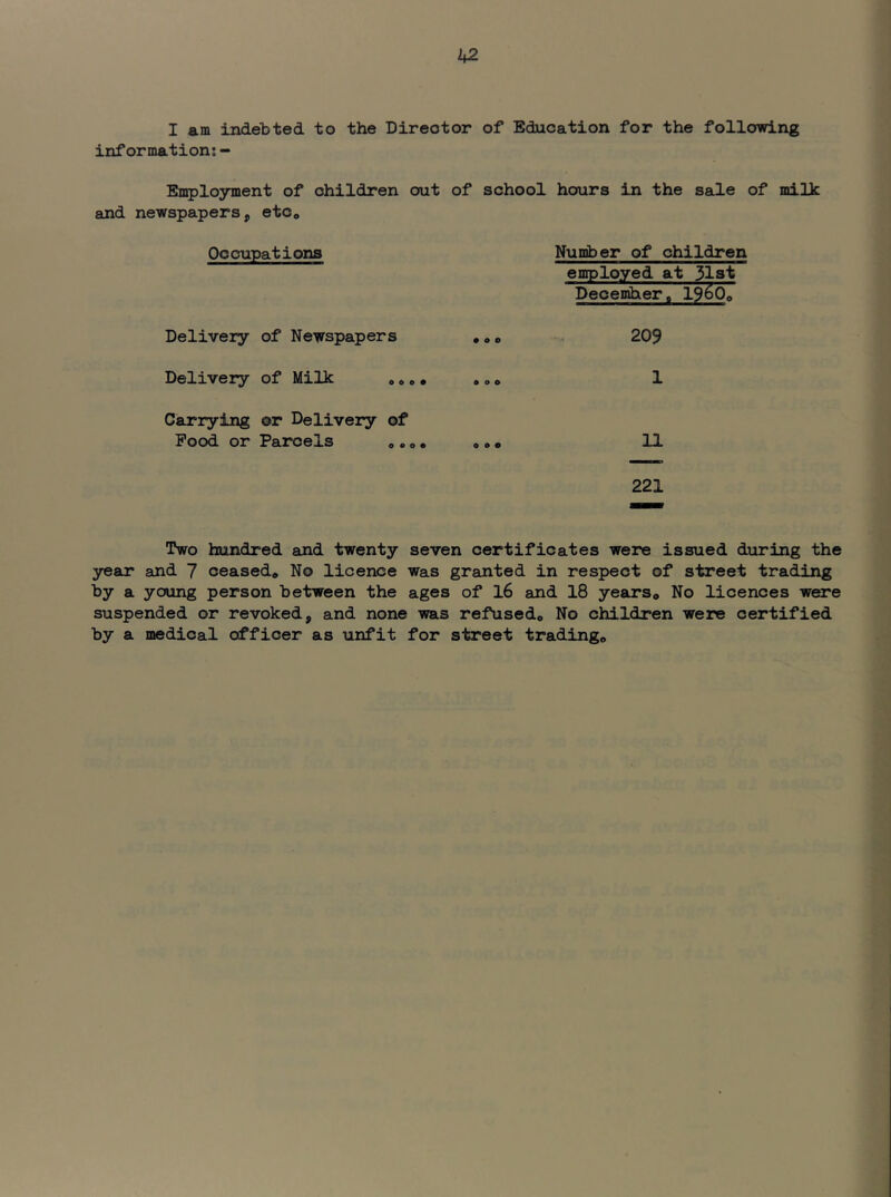I am indebted to the Director of Education for the following information: - Employment of children out of school hours in the sale of milk and newspapers, etCo Occupations Nuniber of children employed at 3l3t Decemiher. 19^07 Delivery of Newspapers • o e 209 Delivery of Milk * * Carrying or Delivery of Pood or Parcels 1 11 221 Two hundred and twenty seven certificates were issued during the year and 7 ceased* No licence was granted in respect of street trading by a young person between the ages of l6 and 18 years* No licences were suspended or revoked, and none was refused* No children were certified by a medical officer as unfit for street trading*