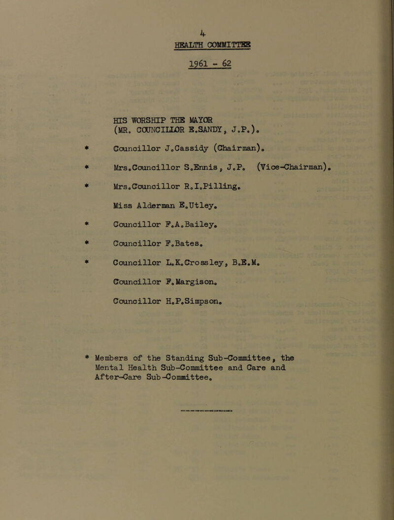 health COtfflITTSB 1961 - 62 HIS WORSHIP THE MAYOR (MR. CO[JNCIIiLOR B.SANDY, J.P,)o ♦ Councillor J<,Cassidy (Chairman), * Mrs,Councillor SoEnnis, JoP» (Vice-Chairman), * Mrs,Councillor R,IoPilling, Miss Alderman E„Utley, ♦ Councillor P,A,Bailey, * Councillor P,Bates, ♦ Councillor L, K„ Cross ley, B.E.M, Councillor P,Margison„ Councillor H,P,Siii5)son, * Members of the Standing Sub-Committee, the Mental Health Sub-Committee and Care and. After-Care Sub-Committee,