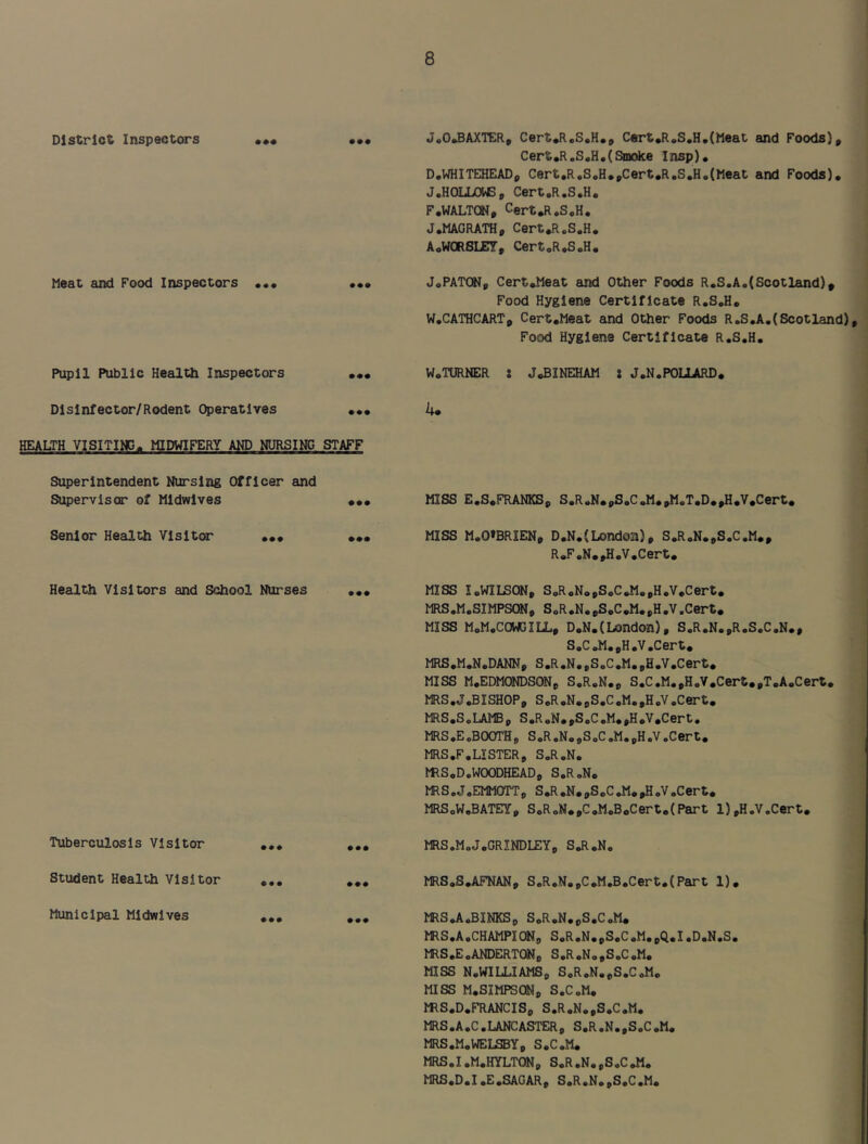 District Inspectors ••• ••• Meat and Food Inspectors Pupil Public Health Inspectors Disinfector/Rodent Operatives •«. HEALTH VISITING^ MIDWIFERY AND NURSING STAFF Superintendent Nursing Officer and Supervisor of Midwives Senior Health Visitor ••• Health Visitors and School Nurses Tuberculosis Visitor Student Health Visitor Municipal Midwives J.O.BAXTER, Cert«R«S,H.9 Cert«R»S«H.(Meat and Foods), Cert«R.S.H«(^Dolce Insp). D.WHITEHEADp Cert,R,S«H»,Cert»R.S.H,(Meat and Foods), J.HOLLOWS, Cert.R.S.H. F.WALTON, CertJl.S<,H. J.MAGRATHp Cert,R.S.H. AoWORSLEV, CertoRoS.H. JoPATCai, Cert.Meat and Other Foods R.S,Ao(Scotland), Food Hygiene Certificate R.S.Ho W.CATHCART, Cert.Meat and Other Foods R.S,A,(Scotland), Food Hygiene Certificate R.S.H, WoTURNER I J.BINEHAM I J.N.POLIARD, iu MISS E.S.FRANKS, S,R.N.pS.C,M.,M.T.D,,H,V.Cert* MISS M.O»BRIENp D.N.{Londoa), S.RoN.,S.C.M., R.F.N,pH.V,Cert. MISS loWIIBON, S,RoNo,SoC.M«pH.V,Cert. MRS.M.SIMPSONp SoR.N.,SoC,M.,H.V.Cert. MISS MoM.COWGILLp D.N.(London), S.R.N.,R.S.C.N., S.C<.M,,H.V.Cert. MRS,M.N.DANN, S.R.N.,SoC.M.,H.V.Cert, MISS M,EDMONDSON, S.R.N., S.C.M.pH.V.Cert.pT.A.Cert, MRS.J,BISHOP, SoR.N.,S.C.M.pH.V.Cert, MRS.S.LAMBp S.R.N.pS.C.M.pH.V.Cert. MRS,E.BOOTH, S.R.N.,SoC.M.,H.V.Cert, MRS.F,LISTER, SoR.N. mSoD.WO(»HEAD, S.RoNo mS.J.EMMOTT, S.R,N,pScC.M.pH.V.Cert. MRSoW,BATEyp SoRoN,,C,M«BoCerto(Part l),H.V.Cert, MRS.MoJ.GR!NDl£Y, SJl«No MRS,S,AFNAN, SoR.N.,C,M,B.Cert.(Part 1), MRSJV.BINKSp SoR.N,pS.C.M* mSoA.CHAMPION, S.R.N.,S.C.M.,Q.I.D.N.S. mS.E.ANDERTONo S.R.N,,S.C.M. MISS N.WILLIAMS, S,R.N.,S.C.M. MISS M.SIMPSQN, S.C.M, mS.D.FRANCIS, S.R.N.,S.C.M. MRS.A.C.LANCASTER, S.R.N.,S.C.M. MRS.M.WELSBY, S.C.M. MRS.I.M.HYLTON, S.R.N.,S.C MRS.D.I.E.SAGAR, S.R.N.,S.C.M.