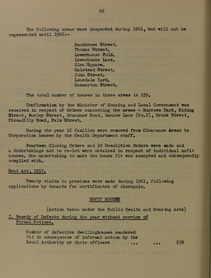 The following areas were inspeoted during 1961, but will not be represented until 1962s- Bankhouse Street* Thomas Street* Lowerhouse Fold* Lowerhouse Lane, G-len Square* Halstead Street, John Street, Lonsdale Yard* Hammerton Street* The total number of houses in these areas is 159* Confirmation by the Minister of Housing and Local Government was received in respect of Orders concerning the areas - Burrows Yard, Riding Street, Mosley Street, Brunshaw Road, Gannow Lane (No,2), Brook Street, Piccadilly Road, Palm Street* During the year 12 families were removed from Clearance Areas to Corporation houses by the Health Department stELff, Fourteen Closing Orders and 10 Demolition Orders were made and 4- Undertakings not to re-let were obtained in respect of individual unfit houses* One undertaking to make the house fit was accepted and subsequently conplied with. Rent Act, 1937o Twenty visits to premises were made during I96I, following applications by tenants for certificates of disrepair, UNFIT HOUSES (Action taken under the Public Health and Housing Acts) I* Remedy of Defects during the year without service of Formal Notices* Nuniber of defective dwellinghouses rendered fit in consequence of informal action by the Local Authority or their officers *** *** 238