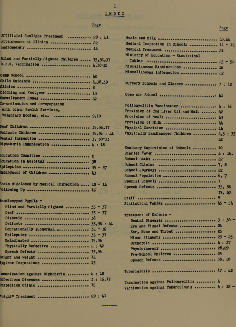 INDEX Page Artificial Siuillght Treatment 29 ; Attendances at Clinics 22 Audlometery lii Blind and Partially Sighted Children 35»36,37 B.C.G, Vaccination 4,18-21 Camp School 42 Child Guidance 4,38,39 Clinics Clothing and Footgear .........13 Cfmralescent Homes ....................... 42 Co°ordlnatlon and Co-operation with other Health Services, Voluntary Bodies, etc. 9,10 Deaf Children 35,36,37 Delicate Children 35,36 : 41 Dental Inspection 3, 30-33 Diphtheria Immunisation 4 • 18 iducatlon Coomlttee ...................... 2 Education In hospltnl 38 Epileptics 35-37 ^loyment of Children ................... 43 'acts disclosed by Medical Inspection .... 12-14 'oUowlng Dp ............................. 16 iandlcapped Pupils. - Blind and Partially Sighted 35 “ 37 Deaf 35-37 Diabetic .............................. 38 Delicate 35,36 : 41 Educationally subnormal ............... 34-36 Epileptics 35 - 37 Maladjusted ........................... 35,36 Physically Defective .................. 4 : 42 Speech Defects 35,36 lelght and Weight 14 lyglene Inspections ...................... 13 SDunlsatlon against Diphtheria 4 : 18 [nfectlous Diseases ...................... 3^t 16,17 Inspection Clinic ........................ 15 'Light* Treatment ........................ 29 : 41 Page Meals and Milk 43,44 Medical Inspection In Schools 11 - 14 Medical Treatment 21 Ministry of Education - Statistical Tables 45 - 51^ Miscellaneous Examinations 16 Miscellaneous Information 42 Nursery Schools and Classes ............... 7 ; 12 Open Air School 41 Poliomyelitis Vaccination 4 ; 16 Provision of cod Liver Oil and Malt 42 Provision of Meals 43 Provision of Milk 44 Physical Condition 14 Physically Handicapped Children ........... 4,5 : 35 42 Sanitary Supervision of Schools 10 Scarlet Fever 4 : 16, I School Baths .............................. 42 School Clinics 7, 8 School Journeys 42 School Population 6, 7 Special Schools 7 Speech Defects ..o..........«•«••••«..••... 35, 36 39, Ifi Staff 9 Statistical Tables 45-54 Treatment of Defects - Dental Diseases 3 : 30 - Eye and Visual Defects ....••o.......... 26 Ear, Nose and Throat 25 Minor Ailments 23-25 Orthoptic 4 : 27 Physiotherapy 28,29 Pre-School Chlldroi 25 Speech Defects 39, Ifi Tuberculosis ^7:2 42 Vaccination against PolIaoDrelltls 4 Vaccination against Tuberculosis 4 : 18 -