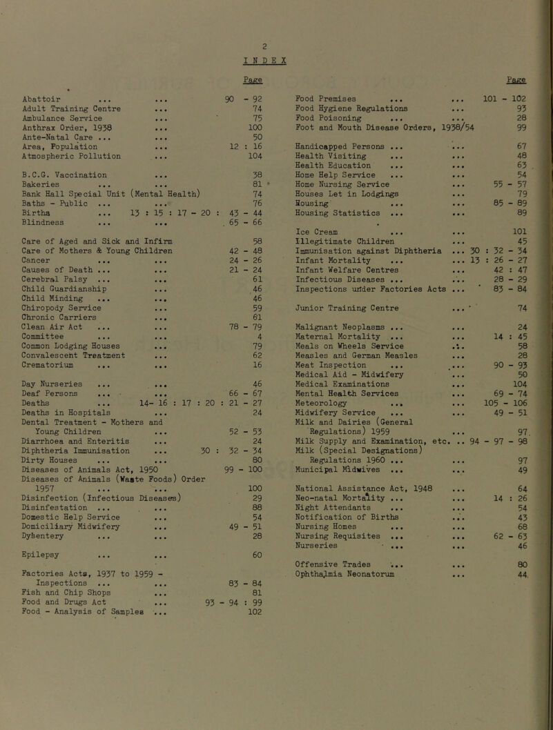 INDEX Page Page Abattoir • • • 90-92 Pood Premises ... • • • 101 - 102 Adult Training Centre • • t 74 Food Hygiene Regulations • • • 93 Ambulance Service • • • 75 Pood Poisoning • • • 28 Anthrax Order, 1938 • • e 100 Foot and Mouth Disease Orders, 1938/54 99 Ante-Natal Care ... • • • 50 Area, Population • « • 12 : 16 Handicapped Persons ... • • • 67 Atmospheric Pollution • • • 104 Health Visiting ... • « • 48 Health Education ... • • • 63 B.C.G. Vaccination • • • 38 Home Help Service ... • • • 54 Bakeries • • • 81 - Home Nursing Service • • • 55 - 57 Bank Hall Special Unit (Mental Health) 74 Houses Let in Lodgings • • • 79 Baths - Public • • • 76 Housing ... • • • 85 - 89 Births ... 13 : 15 : 17 - 20 : 43 - 44 Housing Statistics ... • • • 89 Blindness • • • 65-66 Ice Cream ... • • • 101 Care of Aged and Sick and Infirm 58 Illegitimate Children • • • 45 Care of Mothers & Yoiing Children 42 - 48 Immunisation against Diphtheria • • • 30 : 32 - 34 Cancer • • • 24 - 26 Infant Mortality ... • • • 13 : 26 - 27 Causes of Death ... • • • 21 - 24 Infant Welfare Centres • • • 42 : 47 Cerebral Palsy- • • • 61 Infectious Diseases ... • • • 28 - 29 Child Guardianship • • • 46 Inspections under Factories Acts • • • 83 - 84 Child Minding ... • • • 46 Chiropody Service « • • 59 Junior Training Centre • • • 74 Chronic Carriers « • • 61 Clean Air Act • • • 78 - 79 Malignant Neoplasms ... • • • 24 Committee • • • 4 Maternal Mortality ... • • • 14 : 45 Common Lodging Houses • • • 79 Meals on Wheels Service • • • • 58 Convalescent Treatment • • • 62 Measles and Germain Measles • • • 28 Crematorium ... • • • 16 Meat Inspection ... • • • 90 - 93 Medical Aid - Midwifery • • • 50 Day Nurseries 46 Medical Examinations • • • 104 Deaf Persons ... • • • 66 - 67 Mental Health Services • • • 69 - 74 Deaths 14- 16 : 17 : 20 : 21 - 27 Meteorology ... • • • 105 - 106 Deaths in Hospitals • • • 24 Midwifery Service • • • 49 - 51 Dental Treatment - Mothers and Milk and Dairies (General Young Children • • • 52 - 53 Regulations) 1959 • • • 97 Diarrhoea and Enteritis • • • 24 Milk Supply and Examination, etc. • • 94 - 97 - 98 Diphtheria Immiuiisation 30 : 32 - 34 Milk (Special Designations) Dir-ty Houses • • • 80 Regulations I960 ... • * • 97 Diseases of Animals Act, 1950 99 - 100 Municipal Midwives ... • • • 49 Diseases of Animals (Waste Poods) Order 1957 t • •. 100 National Assistance Act, 1948 • • • 64 Disinfection (infectious Diseases.) 29 Neo-natal Mortality ... • • • 14 : 26 Disinfestation * * * 88 Night Attendants ... • » • 54 Domestic Help Service • • • 54 Notification of Births • • • 43 Domiciliary Midwifery • « • 49 - 51 Nursing Homes ... • • • 68 Dyhentery • • • 28 Nursing Requisites ... • • • 62 - 63 Nurseries • ... e • • 46 Epilepsy • • • 60 Offensive Trades ... • • • 80 Factories Acts, 1937 to 1959 - Ophthajlmia Neonatorum • • • 44. Inspections « • • 83 - 84 Pish and Chip Shops • • • 81 Food and Drugs Act 93 - 94 : 99 Pood - Analysis of Samples -... 102