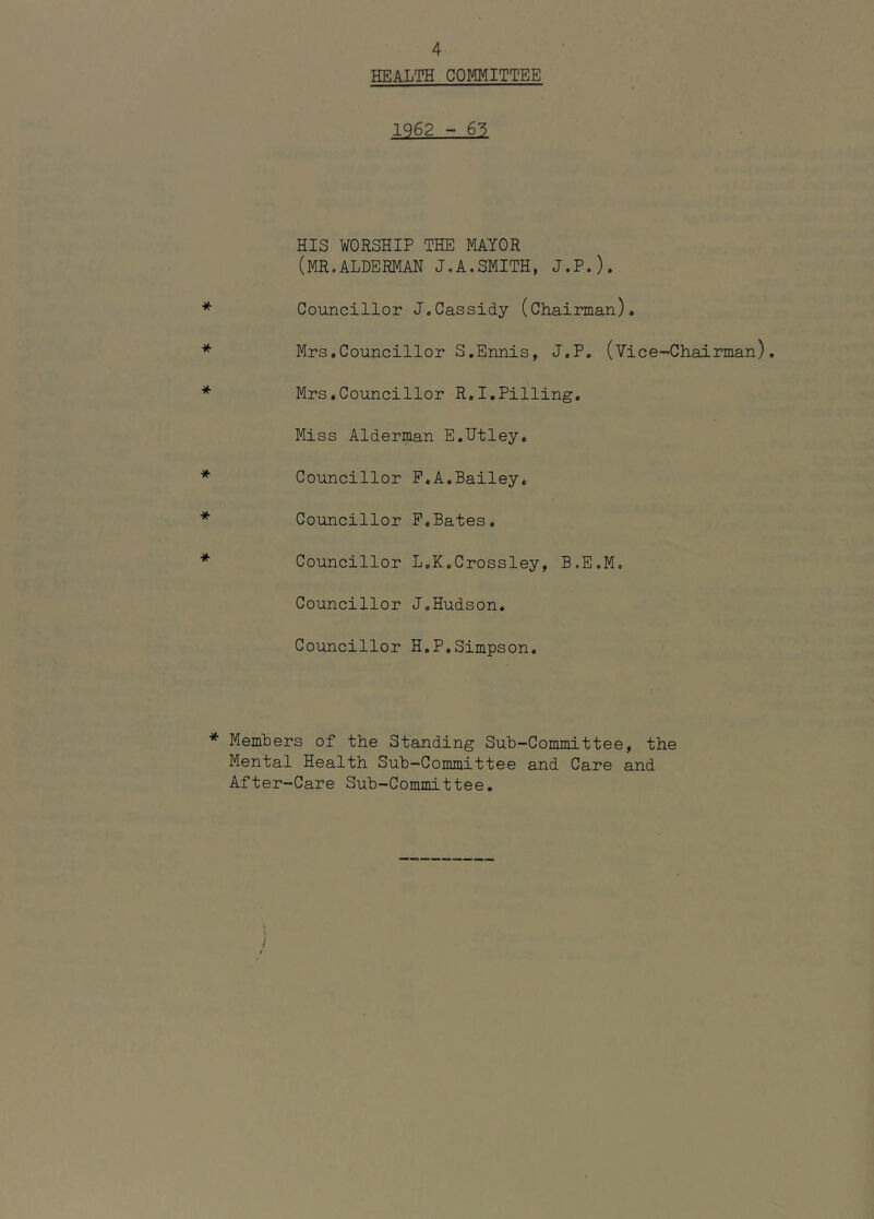 HEALTH COMMITTEE 1962 - 6'5 HIS WORSHIP THE MAYOR (MR.ALDERMAN J,A.SMITH, J.P.). Councillor J.Cassidy (Chairman). Mrs.Councillor S,Ennis, J.P. (Vice-Chairman), Mrs.Councillor R,I,Pilling, Miss Alderman E.Utley. Councillor P.A.Bailey. Councillor P.Bates. Councillor L.K.Crossley, B.E.M. Councillor J.Hudson, Councillor H.P.Simpson. * Members of the Standing Sub-Committee, the Mental Health Sub-Committee and Care and After-Care Sub—Committee.