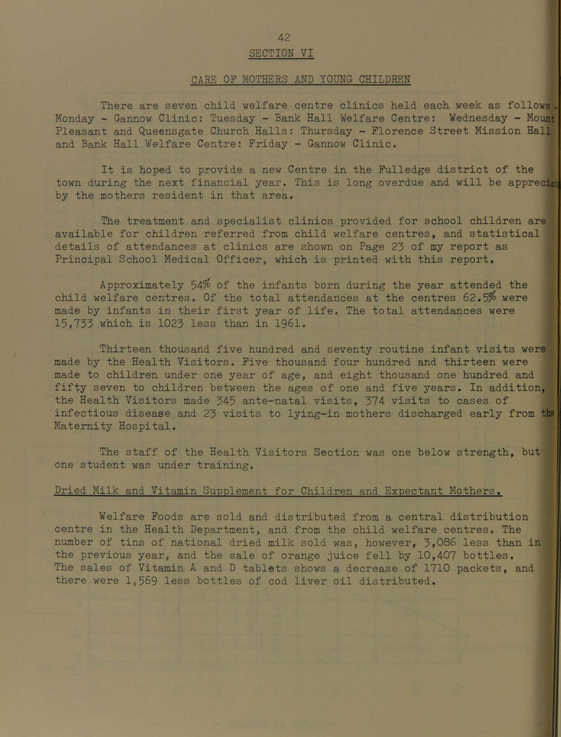 SECTION VI CARE OF MOTHERS AND YOUNG CHILDREN There are seven child welfare centre clinics held each week as follows - Monday ~ Gannow Clinic: Tuesday - Bank Hall Welfare Centre: Wednesday - Mount Pleasant and Queensgate Church Halls: Thursday - Florence Street Mission Hall and Bank Hall Welfare Centre; Friday - Gannow Clinic. It is hoped to provide a new Centre in the Fulledge district of the town during the next financial year. This is long overdue and will be apprecia:; by the mothers resident in that area. The treatment and specialist clinics provided for school children are available for children referred from child welfare centres, and statistical details of attendances at clinics are shown on Page 23 of my report as Principal School Medical Officer, which is printed with this report. Approximately 54?^ of the infants born during the year attended the child welfare centres. Of the total attendances at the centres 62.5^ were made by infants in their first year of life. The total attendances were 15,733 which is 1023 less than in 1961, Thirteen thousand five hundred and seventy routine infant visits were made by the Health Visitors. Five thousand four hundred and thirteen were made to children under one year of age, and eight thousand one hundred and fifty seven to children between the ages of one and five years. In addition, the Health Visitors made 345 ante-natal visits, 374 visits to cases of infectious disease and 23 visits to lying-in mothers discharged early from the Maternity Hospital. The staff of the Health Visitors Section was one below strength, but one student was under training. Dried Milk and Vitamin Sunnlement for Children and Expectant Mothers. Welfare Foods are sold and distributed from a central distribution centre in the Health Department, and from the child welfare centres. The number of tins of national dried milk sold was, however, 3,086 less than in the previous year, and the sale of orange juice fell by 10,407 bottles. The sales of Vitamin A and D tablets shows a decrease of 1710 packets, and there were 1,569 less bottles of cod liver oil distributed.