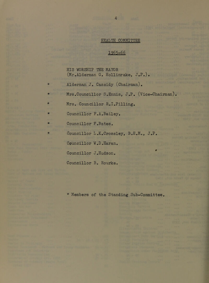 HEALTH COMMITTEE 1965-66 HIS WORSHIP THE MAYOR (Mr.Alderman G. Hollinrake, J.P.). Alderman J. Cassidy (Chairman). Mrs.Councillor S.Ennis, J.P. (Vice-Chairman). Mrs. Councillor R.I.Pilling. Councillor P.A.Bailey. Councillor P.Bates. Councillor L.K.Crossley, B.E.M., J.P. Councillor W.D.Haran. Councillor J.Hudson, Councillor B, Rourke. * Members of the Standing Sub-Committee,