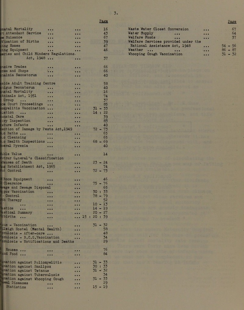 matal Mortality ... *t Attendant Service *e Nuisance ... Tfication of Births ... ring Homes ... ling Equipment ... sries and Child Minders Regulations Act, 1948 ... .naive Trades nes and Shops ... .nalmia Neonatorum ... side Adult Training Centre nigus Neonatorum ... natal Mortality ... Animals Act, 1951 ... Group ... ... ce Court Proceedings omyelitis Vaccination ... _ation ... ... -natal Care ... xry Inspection ... ature Infants ... ention of Damage by Pests Act,1949 -e Baths ... ... lc Cleansing ... lc Health Inspections ... I oeral Pyrexia ... Able Value ... itrar General's Classification uses of Death ... Establishment Act, 1965 t Control ... Room Equipment ... Clearance ... f?age and Sewage Disposal II pox Vaccination ... i Control | ih Therapy • • • • • • I ustics I sstical Summary ... I Jbirths ... | ius - Vaccination ... J Heigh Hostel (Mental Health) Jtculosis - After-care ... J tculosis - B.C.G.Vaccination *tculosis - Notifications and Deaths Houses ... Irnd Food ... |tnation against Poliomyelitis tnation against Smallpox nation against Tetanus Ijnation against Tuberculosis Itnation against Whooping Cough } leal Diseases ... Statistics ... 31 14 72 - 68 - 15 Page 16 43 67 39 47 46 37 66 66 40 58 40 16 74 37 85 33 22 39 83 40 73 65 65 69 40 14 23 - 24 74 72 - 73 75 - 30 : 78 - 10 - 14 - 20 - 20 : 31 - 31 - 30 s 31 - 31 - 15 - 46 76 65 33 79 52 13 19 27 39 32 58 48 34 29 76 84 33 33 32 34 33 29 19 Page Waste Water Closet Conversion ... 67 Water Supply ... ... 64 Welfare Foods ... ... 37 Welfare Services provided under the National Assistance Act, 1948 ... 54-56 Weather ... ... ... 86-87 Whooping Cough Vaccination ... 31-32