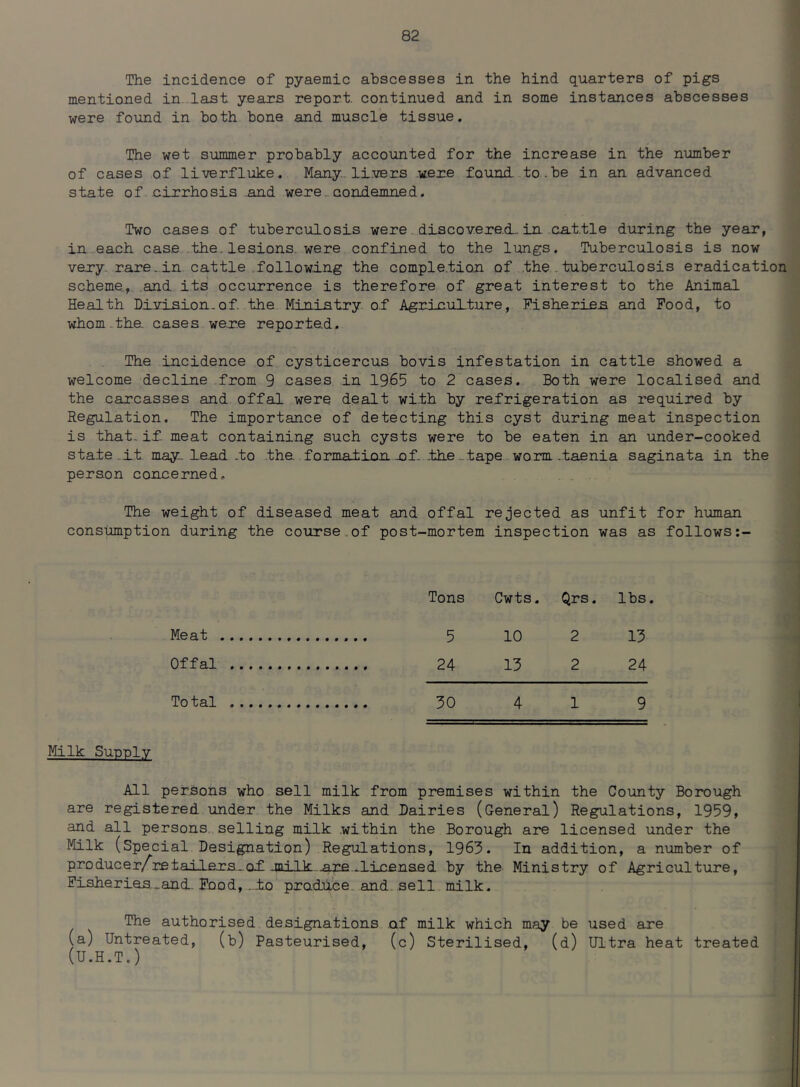 The incidence of pyaemic abscesses in the hind quarters of pigs mentioned in last years report, continued and in some instances abscesses were found in both bone and muscle tissue. The wet summer probably accounted for the increase in the number of cases of liverfluke. Many, livers were found, to.be in an advanced state of cirrhosis and were condemned. Two cases of tuberculosis were discovered-in cattle during the year, in each case the.lesions, were confined to the lungs. Tuberculosis is now very rare.in cattle following the completion of the tuberculosis eradication scheme, and its occurrence is therefore of great interest to the Animal Health Division.of. the Ministry of Agriculture, Fisheries and Food, to whom the. cases were reported. The incidence of cysticercus bovis infestation in cattle showed a welcome decline from 9 cases in 1965 to 2 cases. Both were localised and the carcasses and offal were dealt with by refrigeration as required by Regulation. The importance of detecting this cyst during meat inspection is that. if. meat containing such cysts were to be eaten in an under-cooked state.it may-lend .to the. formation nf. tie .tape worm .taenia saginata in the person concerned. The weight of diseased meat and offal rejected as unfit for human consumption during the course of post-mortem inspection was as follows:- Tons Cwts. Qrs. lbs. Meat 5 10 2 13 Offal 24 13 2 24 To tal .... 30 4 1 9 Milk SuddIv All persons who are registered under sell milk from premises within the Milks and Dairies (General) the County Borough Regulations, 1959, and all persons selling milk within the Borough are licensed under the Milk (Special Designation) Regulations, 1963. In addition, a number of pro dueer/retaile.rs.oi .milk are .licensed by the Ministry of Agriculture, Fisheries.and. Food,.to produce and sell milk. The authorised designations of milk which may be used are (a) Untreated, (b) Pasteurised, (c) Sterilised, (d) Ultra heat treated (U.H.T.)