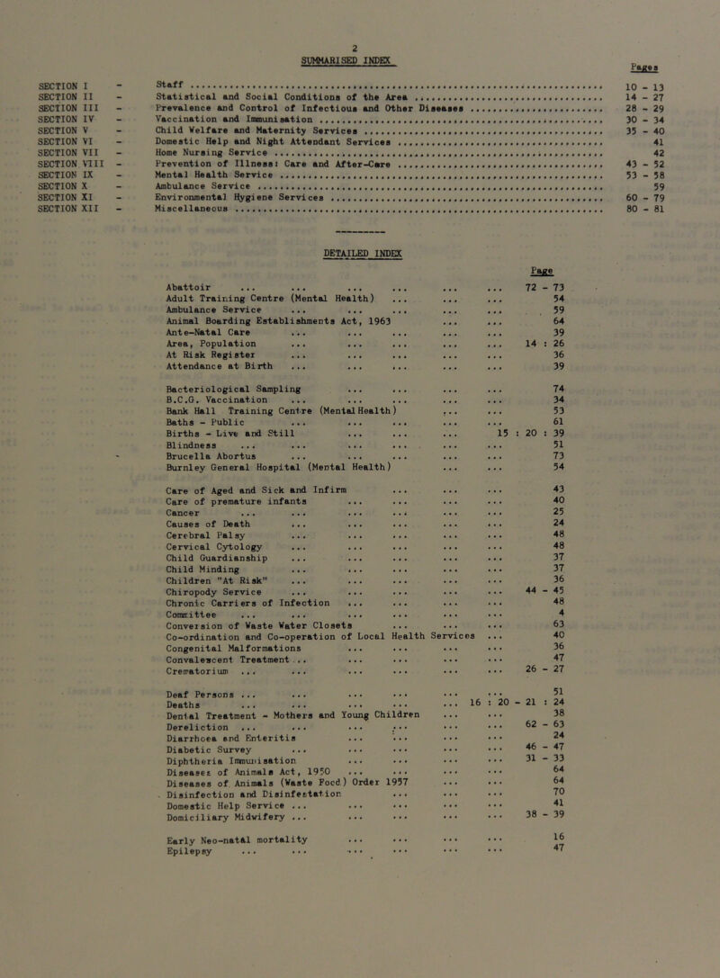 SUMMARISED INDEX SECTION 1 SECTION II SECTION III SECTION IV SECTION V SECTION VI SECTION VII SECTION VIII SECTION IX SECTION X SECTION XI SECTION XII Staff Statistical and Social Conditions of the Area Prevalence and Control of Infectious and Other Diseases Vaccination and Imounisatlon Child Welfare and Maternity Services Domestic Help and Night Attendant Seirvices Home Nursing Service Prevention of Illness) Care and After-Care Mental Health Service Ambulance Service Environmental Hygiene Services Miscellaneous 10 - 13 14 - 27 28 - 29 30 - 34 35 - 40 41 42 43 - 52 53 - 58 59 60 - 79 80 - 81 DETAILED INDEX Abattoir ... ... e a • 72 - 73 Adult Training Centre (Mental Health) a a a 54 Ambulance Service see a a a 59 Animal Boarding Establishments Act, 1963 a a a 64 Ante-Natal Care ... a • • 39 Area, Population ... a a a 14 : 26 At Risk Register ... a a a 36 Attendance at Birth ... ... 39 Bacteriological Sampling a a a 74 B.C.G. Vaccination ... a a a 34 Bank Hall Training Centre (Menial Health )' 53 Baths - Public a a a 61 Births - Live and Still a a a 15 ; 20 : 39 Blindness ... ... a a a 51 Brucella Abortus a a a a a a 73 Burnley General Hospital (Mental Health) a a a 54 Care of Aged and Sick and Infirm , , a a a 43 Care of premature infants a a 40 Cancer ... ... a a 25 Causes of Death ... a a 24 Cerebral Palsy ... a a 48 Cervical Cytology ... a a a a a 48 Child Guardianship ... a a 37 Child Minding 4 a a a a 37 Children At Risk ... a a a a a 36 Chiropody Service a a a a a 44 - 45 Chronic Carriers of Infection ... a a a a a 48 Committee ... ... a a 4 Conversion of Waste Water Closets a a 63 Co-ordination and Co-operation of Local Health Services a a a 40 Congenital Malformations a a a a a a a a 36 Convalescent Treatment... a a a a a a a a 47 Crematorium ... ... 26 - 27 Deaf Persons ... ... 51 Deaths ... ... a a a a a .!! 16 : 20 - 21 : 24 Dental Treatment - Mothers and Young Children 62 38 Dereliction ... ... a a a a a a a a - 63 Diarrhoea and Enteritis a a a a a a 46 24 Diabetic Survey a a a a a a a a - 47 Diphtheria Imuunisation a a a . . 31 - 33 Diseaset of Animals Act, 1950 ... a a a a a 64 Diseases of. Animals (Waste Pocd) Order 1957 a a a 64 Disinfection and Disinfestation a a a a a 70 Domestic Help Service ... a a a . • 38 41 Domiciliary Midwifery ... a a a • • - 39 Early Neo-natAl mortality a a a a a 16 Epilepsy ... ... • • 47