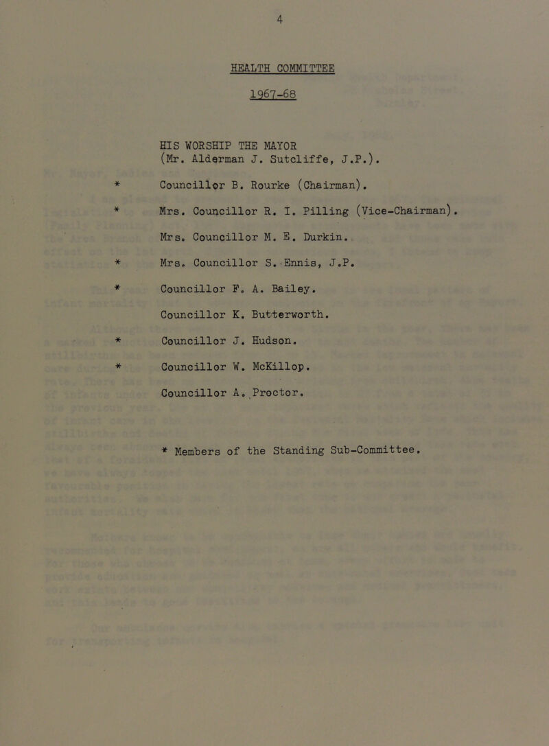 HEALTH COMMITTEE 1967-68 HIS WORSHIP THE MAYOR (Mr. Alderman J. Sutcliffe, J,P.), * Councillor B. Rourke (Chairman). * Mrs. Councillor R, I. Pilling (Vice-Chairman). Mrs. Councillor M. E. Durkin.. * Mrs. Councillor S.'Ennis, J.P. * Councillor P. A. Bailey. Councillor K. Butterworth. * Councillor J. Hudson. * Councillor W. McKillop. Councillor A,_Proctor. * Members of the Standing Sub-Committee,