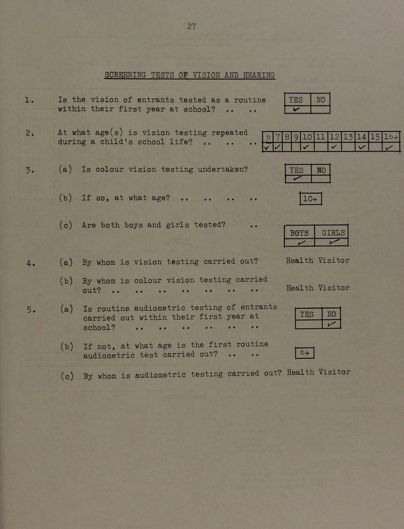 SCREENING TESTS OF VISION AND HEARING 1. Is the vision of entrants tested as a routine within their first year at school? YES NO 2. 3. 4. 5. At what age(s) is vision testing repeated during a child's school life? b 7 8 9 10 11 12 13 14 15 lb+ V ✓ ✓ v' 1/^ (a) Is colour vision testing undertaken? YES NO (b) If so, at what age? (c) Are both boys and girls tested? (a) By whom is vision testing carried out? BOYS GIRLS Health’ Visitor (b) By whom is colour vision testing carried out? Health Visitor (a) Is routine audiometric testing of entrants carried out within their first year at school? YES NO (b) If not, at what age is the first routine audiometric test carried out? o. o. (c) By whom is audiometric testing carried out? Health Visitor