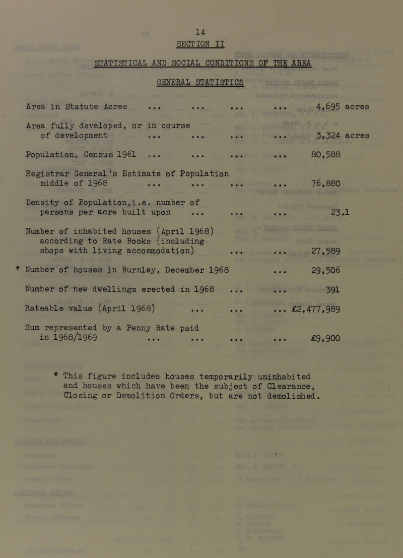 SECTION II STATISTICAL AND SOCIAL CONDITIONS OF THE AREA- GENERAL STATISTICS Area in Statute Acres ... ... Area fully developed, or in course of development ... ... Population, Census I96I ... ... Registrar General's Estimate of Population middle of I968 ... ... 4,695 acres 3,324 acres 80,588 76,880 Density of Population,i.e, number of persons per acre built upon ... ... ... 23.1 Number of inhabited houses (April I968) according to Rate Books (including shops with living accommodation) ... ... 27,589 Number of houses in Burnley, December I968 29,506 Number of new dwellings erected in I968 ... ... 391 Rateable value (April I968) ... ... ... £2,477,989 Sum represented by a Penny Rate paid in 1968/1969 ... ... ... ... £9,900 * This figure includes houses temporarily uninhabited and houses which have been the subject of Clearance, Closing or Demolition Orders, but are not demolished.