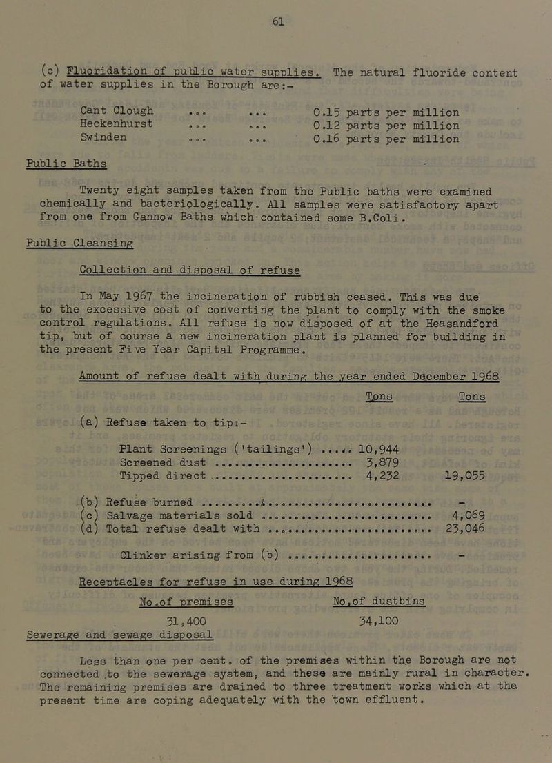 (c) Fluoridation of puHic water supplies. The natural fluoride content of water supplies in the Borough are:- Cant Clough 0.15 parts per million Heckenhurst ..o ... 0.12 parts per million Swinden ... ... 0.16 parts per million Public Baths Twenty eight samples taken from the Public baths were examined chemically and bacteriologically. All samples were satisfactory apart from one from Gannow Baths which-contained some B.Coli. Public Cleansing Collection and disposal of refuse In May I967 the incineration of rubbish ceased. This was due to the excessive cost of converting the ^lant to comply with the smoke control regulations. All refuse is now disposed of at the Heasandford tip, but of course a new incineration plant is planned for building in the present Five Year Capital Programme. Amount of refuse dealt with during the year ended Dooember 1968 Tpns Tons (a) Refuse taken to tipi- Plant Screenings (’tailings') ...k. 10,944 Screened dust 3»879 Tipped direct 4,232 19,055 (b) Refuse burned .........i - (c) Salvage materials sold 4,069 (d) Total refuse dealt with 23,046 Clinker arising from (b) - Receptacles for refuse in use during 1968 Nooof premises No.of dustbins 31,400 34,100 Sewerage and sewage disposal Less than one per cent, of the premises within the Borough are not connected .to the sewerage system, and these are mainly rural in character. The remaining premises are drained to three treatment works which at the present time are coping adequately with the town effluent.
