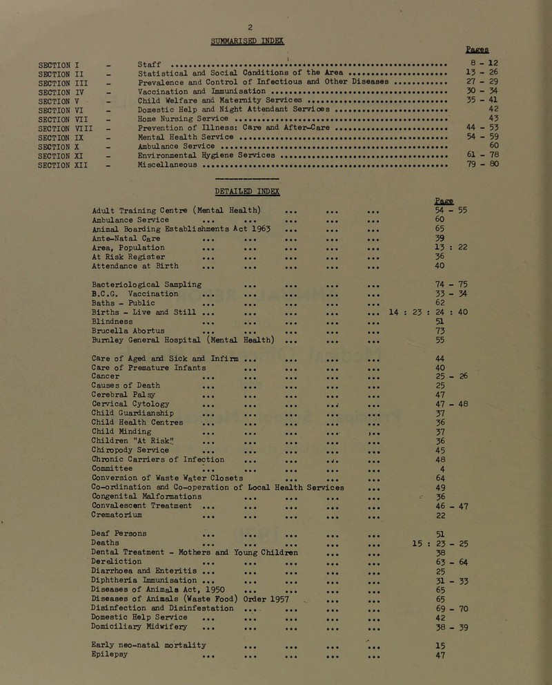 SUMMARISED INDEX I SECTION I SECTION II SECTION III SECTION IV SECTION V SECTION VI SECTION VII SECTION VIII SECTION IX SECTION X SECTION XI SECTION XII Staff Statistical and Social Conditions of the Area Prevalence and Control of Infectious and Other Diseases Vaccination and Immunisation Child Welfare and Maternity Services Domestic Help and Night Attendant Services Home Nursing Service Prevention of Illness: Care and After-Care Mental Health Service Amb\jlance Service Environmental Hygiene Services Miscellaneous Pages 8-12 13 - 26 27 - 29 30-34 35 - 41 42 43 44 - 53 54-59 60 61 - 78 79-80 DETAILED INDEX Adult Training Centre (Mental Health) Ambulance Service ... ... Animal Boarding Establishments Act 1963 Ante-Natal Care ... ... Area, Population ... ... At Risk Register ... ... Attendance at Birth ... ... Page 54-55 60 65 39 13 : 22 36 40 Bacteriological Sampling ... B.C.G. Vaccination ... ... Baths - Public ... ... Births - Live and Still ... ... Blindness ... ... Brucella Abortus ... ... Burnley General Hospital (Mental Health) 14 : 23 74 - 75 33-34 62 24 51 73 55 40 Care of Aged and Sick and Infirm ... ... ... ... 44 Care of Premature Infants ... ... ... ... 40 Cancer ... ... ... ... ... 25 — 26 Causes of Death ... ... ... ... ... 25 Cerebral Palgy ... ... ... ... ... 47 Cervical Cytology ... ... ... ...■ ... 47-48 Child Guardianship ... ... ... ... ... 37 Child Health Centres ... ... ... ... ... 36 Child Minding ... ... ... .... ,.. 37 Children At Risk!; ... ... ... ... ... 36 Chiropody Service ... ... ... ... ... 45 Chronic Carriers of Infection ... ... ... 48 Committee ... ... ... ... ... 4 Conversion of Waste Water Closets ... ... ... 64 Co-ordination and Go-operation of Local Health Services ... 49 Congenital Malformations ... ... ... ... 36 Convalescent Treatment ... ... ... ... ... 46-47 Crematorium ... ... ... ,,, ... 22 ani Young Children Deaf Persons .. Deaths .. Dental Treatment - Mothers Dereliction .. Diarrhoea and Enteritis .. Diphtheria Immunisation .. Diseases of Animals Act, 1950 Diseases of Animals (Waste Pood) Order 1957 Disinfection and Disinfestation Domestic Help Service ... Domiciliary Midwifery ... • • • • • • 51 15 : 23 38 63 25 31 65 65 69 42 38 25 64 33 70 39 Early neo-natal mortality Epilepsy 15 47