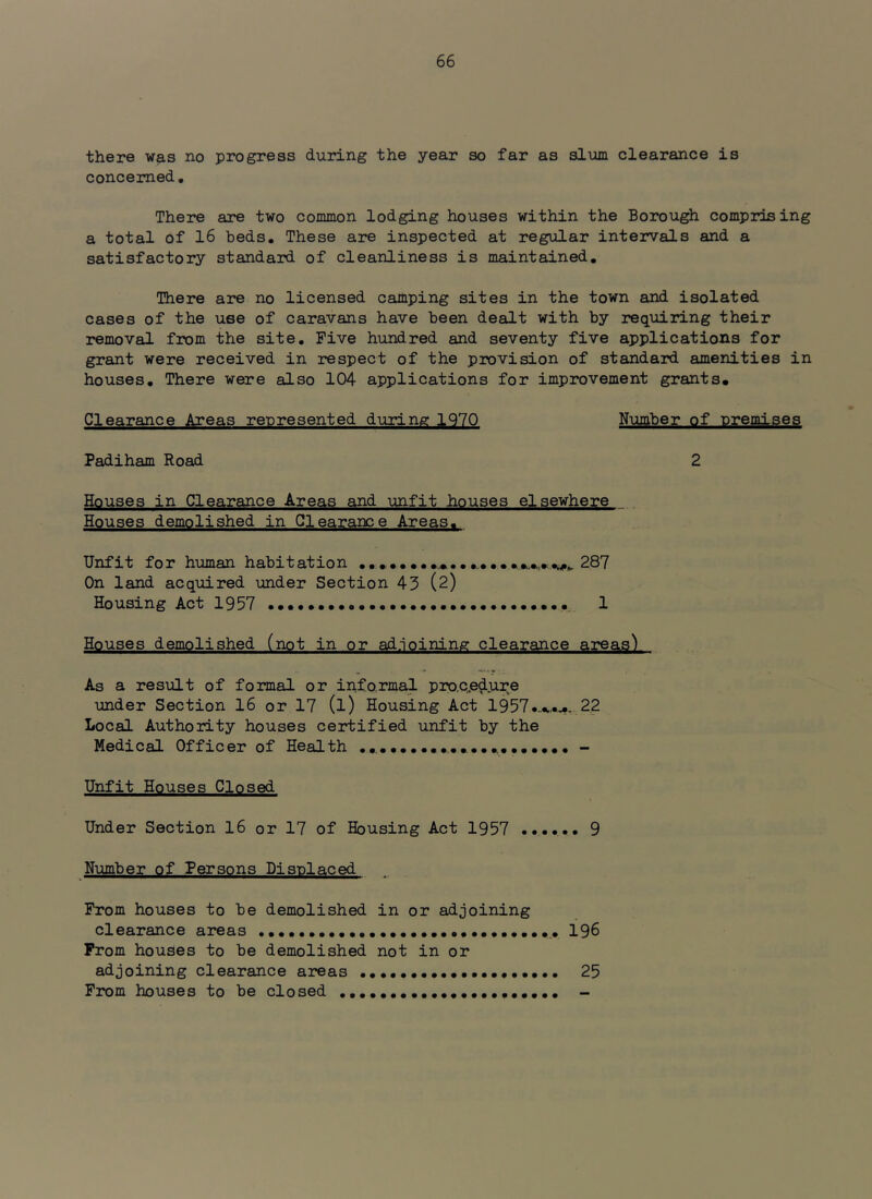 there was no progress during the year so far as slum clearance is concerned. There are two common lodging houses within the Borough comprising a total of 16 beds. These are inspected at regular intervals and a satisfactory standard of cleanliness is maintained. There are no licensed camping sites in the town and isolated cases of the use of caravans have been dealt with by requiring their removal from the site. Five hundred and seventy five applications for grant were received in respect of the provision of standard amenities in houses. There were also 104 applications for improvement grants. Clearance Areas represented duilng 1970 Number of n-nem-i aafl Padiham Road 2 Houses in Clearance Areas and unfit houses elsewhere Houses demolished in Clearance Areas. Unfit for human habitation 287 On land acquired under Section 43 (2) Housing Act 1937 1 Houses demolished (not in or ad.ioining clearance areas) As a result of formal or informal pip,c,.edure under Section 16 or 17 (l) Housing Act 195722 Local Authority houses certified unfit by the Medical Officer of Health - Unfit Houses Closed Under Section 16 or 17 of Housing Act 1957 9 Number of Persons Displaced Prom houses to be demolished in or adjoining clearance areas 196 Prom houses to be demolished not in or adjoining clearance areas 25 From houses to be closed -