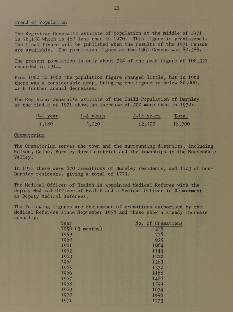 Trend of Population The Registrar General's estimate of population at the middle of 1971 is 76,130 which is 48O less than in 1970. This figure is provisional. The final figure will be published when the results of the 1971 Census are available,, The population figure at the I96I Census was 80,588. The present population is only about 72^ of the peak figure of 106,322 recorded in I9II. From i960 to I962 the population figure changed little, but in I964 there was a considerable drop, bringing the figure to below 80,000, with further annual decreases. The Registrar General's estimate of the Child Population of Burnley at the middle of 1971 shows an increase of 500 more than in 1970*- 0-1 year 1-4 years 1,180 5,020 Crematorium 5-14 years Total 12,500 18,700 The Crematorium serves the town and the surrounding districts, including Nelson, Colne, Burnley Rural district and the townships in the Rossendale Valley, In 1971 there were 67O cremations of Burnley residents, and IIO3 of non- Burnley residents, giving a total of 1773* The Medical Officer of Health is appointed Medical Referee with the Deputy Medical Officer of Health and a Medical Officer in Department as Deputy Medical Referees, The following figures are the number of cremations authorised Medical Referees since September 1958 and these show a steady annually. Year 1958 (3 months) 1959 1960 1961 1962 1963 1964 1965 1966 1967 1968 1969 1970 1971 No, of Cremations 21^ 778 935 1064 1144 1222 1263 1370 1468 1466 1599 1674 1696 1773 by the increase