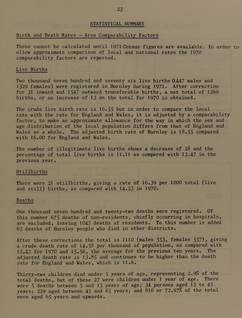 STATISTICAL SUMMARY Birth and Death Rates - Area Comparability Factors These cannot be calculated until 1971 Census figures are available. In order to allow approximate comparison of local and national rates the 1970 comparability factors are repeated. Live Births Two thousand seven hundred and seventy six live births (1447 males and 1329 females) were registered in Burnley during 1971• After correction for 31 inward and 1547 outward transferable births, a net total of 1260 births, or an increase of 13 on the total for 1970 is obtained. The crude live birth rate is 16.55 but in order to compare the local rate with the rate for England and Wales, it is adjusted by a comparability factor, to make an approximate allowance for the way in which the sex and age distribution of the local population differs from that of England and Wales as a whole. The adjusted birth rate of Burnley is 18.55 compared with 16.00 for England and Wales, The number of illegitimate live births shows a decrease of 28 and the percentage of total live births is 11.11 as compared with 13*47 In the previous year. Stillbirths There were 21 stillbirths, giving a rate of 16.39 per 1000 total (live and still) births, as compared with 14*23 in 1970. Deaths One thousand seven hundred and twenty-two deaths were registered. Of this number 675 deaths of non-residents, chiefly occurring in hospitals, are excluded, leaving 1047 deaths of residents. To this number is added 63 deaths of Burnley people who died in other districts. After these corrections the total is 1110 (males 553^ females 557)^ giving a crude death rate of I4.58 per thousand of population, as compared with 15.43 for 1970 and 15.56, the average for the previous ten years. The adjusted death rate is I3.85 and continues to be higher than the death rate for England and Wales, which is 11.6. Thirty-two children died under 5 years of age, representing 2.9^ of the total deaths, but of these 27 were children under 1 year of age. There were 5 deaths between 5 s-nd 15 years of age; 34 persons aged 15 to 45 years; 229 aged between 45 3-nd 65 years; and 810 or 72.97^ of the total were aged 65 years and upwards.