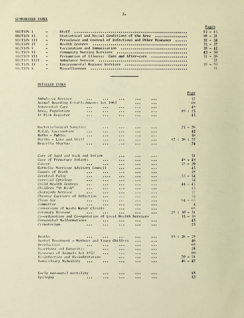 SIMMARISED INDKX SKCTION SECTION SECTION SECTION SECTION SECTION SECTION SECTION SECT 1 ON SECTION I II 111 IV V vr VII VIII IX X Staff Statistical iuid Social Conditions of the Area Prevalence and Control of Infectious and Other Diseases HoaIth Centres Vaccination and Immunisation Community Nursing Services Prevontion of Illness: Care and After-care Ambulance Service EnvironmentaI Hycciene Services Miscellaneous Pages 12 - 15 16 - 31 32 - 34 35 - 37 3^ - 42 43 - 50 51 - 56 57 5S - so >^1 DETAILED INDEX Pare .\mbul*iiWeSei\ii.e ... ... ... ... Animal Hoarding E'-t abl i shiiieiU s Act I'MSi ... ... (*n Atit e—*1*11 *i I Care ... ... ... ... ... Area, Population ... ... ... ... ... |6 : 25 At Risk Register ... ... ... ... ... 45 li.U'ter i o los i ca I Sampling ... ... ... ... 75 - 7*’ II.C.C. Vaccination ... ... ... 42 Paths - Public ... ... ... ... ... 50 Hirths - Live and Still ... ... ... ... 17 : 26 : 27 HrucellaAbortus ... ... ... ... ... 74 Care of Aged and Sick and Inl'inii • • • Care of Premature Infants • • • • • • • • • C.incer ... • • • • • • • • • • • • Catholic Marriage Advisory Council • • • • • • « • • Causes of Death ... •«• • • • • • • Cerebral Palsy ... • # • • • • • • • Cervical Cytology ... • • • • • • • • • Child Health Centres ... • * • Children At Risk ... • « • • • • • • • Chiropody Service ... • • • • * • Chronic Carriers of Infection • • • « • • C1 can Air ... • • • * • * Committee ... • • • • • • Conversion of Waste Water Close ts • • • • • • • • • Coronary Disease ... • •. • • • • • • • • • Co-ordination and Co-operation Congenital M.ilformat ions of Loia! Hea Ith • • • •Serv ices • • • • • • Cieniator ium ... • * • • • • • • • • • • 51 4'' -r 49 2S - 29 45 2S 53 - 54 54 44-45 45 52 54 1)4 - n, 4 (N> js : 30 - 31 55 - 56 45 25 Deatlis ... ... ... Dental Treatment - Mothers .ind Young Children DcrcIiction ... ... ... Diai-rlioea .nid Enteritis ... ... Diseases ef Animals A>.t l'»50 ... ... Disinfection and Disinfestat ion ... Domic i 1 i ai'y Midwifery ... ... ... IS : 26-2'' 46 nS 23 6» 70 - 71 40 - 47 Early neo-natal mortality ... ... ... ... I8 Epi lepsy ... ... ... ... ... 53