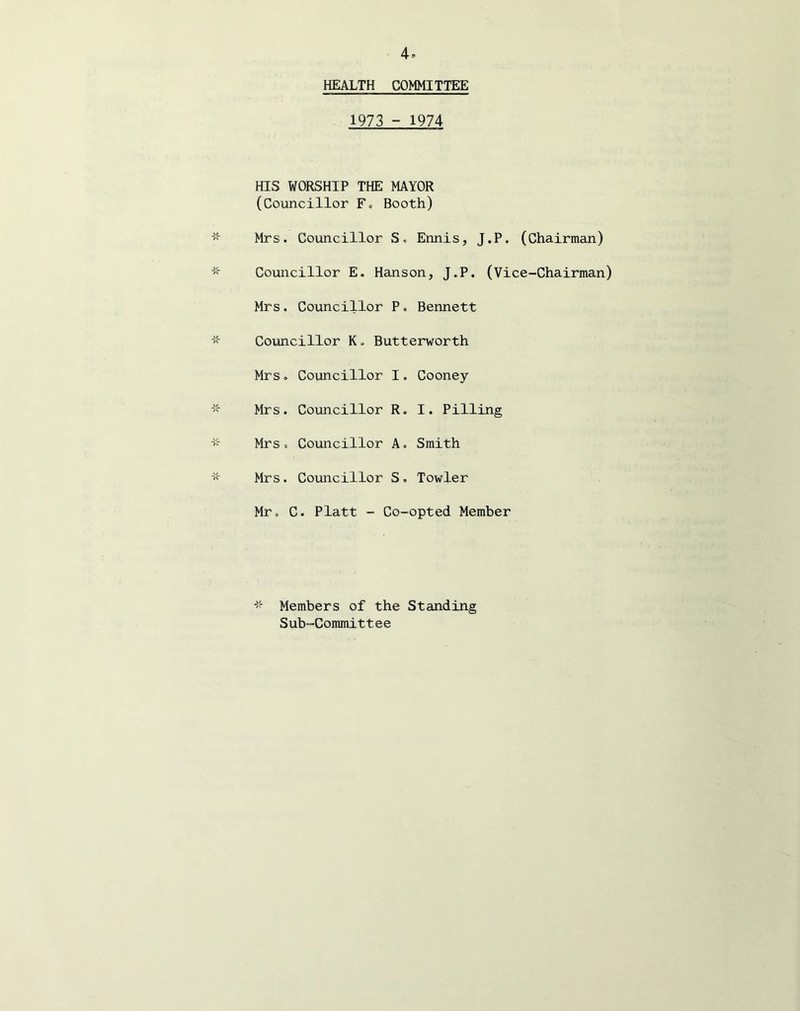 HEALTH COMMITTEE 1973 - 1974 HIS WORSHIP THE MAYOR (Councillor Fo Booth) Mrs. Councillor S, Ennis, J.P. (Chairman) Councillor E. Hanson, J.P. (Vice-Chairman) Mrs. Councillor P. Bennett Councillor K. Butterworth Mrs, Councillor I. Cooney Mrs. Councillor R. I. Pilling Mrs. Councillor A. Smith Mrs. Councillor S, Towler Mr. C. Platt - Co-opted Member Members of the Standing Sub-Committee