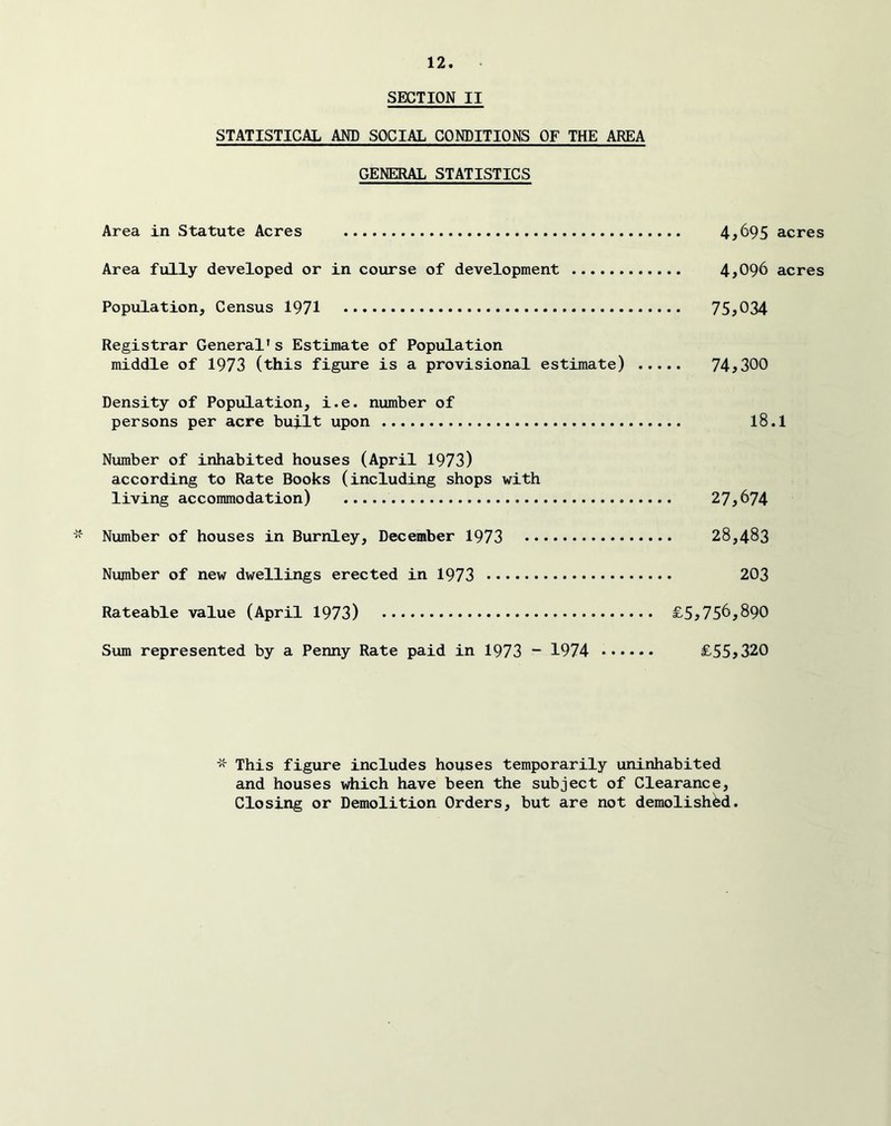 SECTION II STATISTICAL AND SOCIAL CONDITIONS OF THE AREA GENERAL STATISTICS Area in Statute Acres 4^695 acres Area fully developed or in course of development 4^096 acres Population, Census 1971 75^034 Registrar General’s Estimate of Population middle of 1973 (this figure is a provisional estimate) 74^300 Density of Population, i.e. number of persons per acre built upon 18.1 Number of inhabited houses (April 1973) according to Rate Books (including shops with living accommodation) 27,674 Number of houses in Burnley, December 1973 28,483 Number of new dwellings erected in 1973 203 Rateable value (April 1973) £5,756,890 Sum represented by a Penny Rate paid in 1973 “ 1974 £55,320 This figure includes houses temporarily uninhabited and houses which have been the subject of Clearance, Closing or Demolition Orders, but are not demolished.