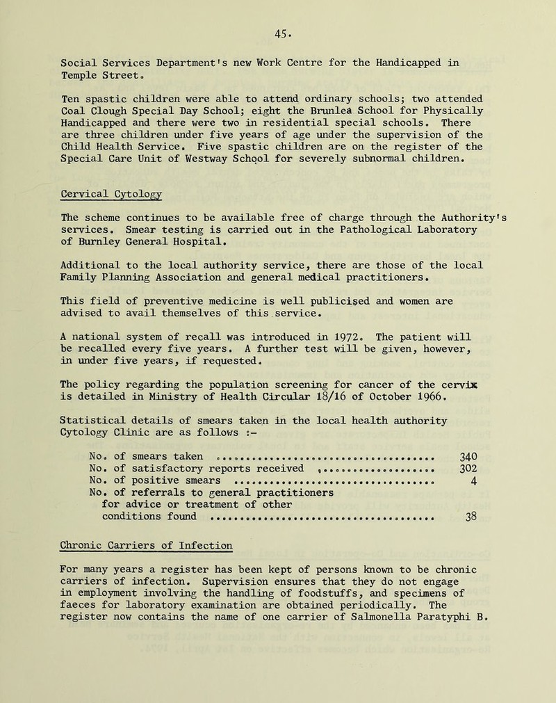Social Services Department * s new Work Centre for the Handicapped in Temple Street. Ten spastic children were able to attend ordinary schools; two attended Coal Clough Special Day School; eight the BrunleA School for Physically Handicapped and there were two in residential special schools. There are three children under five years of age under the supervision of the Child Health Service. Five spastic children are on the register of the Special Care Unit of Westway School for severely subnormal children. Cervical Cytology The scheme continues to be available free of charge through the Authority's services. Smear testing is carried out in the Pathological Laboratory of Burnley General Hospital, Additional to the local authority service, there are those of the local Family Planning Association and general medical practitioners. This field of preventive medicine is well publicised and women are advised to avail themselves of this service. A national system of recall was introduced in 1972. The patient will be recalled every five years. A further test will be given, however, in under five years, if requested. The policy regarding the population screening for cancer of the cervix is detailed in Ministry of Health Circular I8/I6 of October I966. Statistical details of smears taken in the local health authority Cytology Clinic are as follov/s No. of smears taken 340 No. of satisfactory reports received 302 No. of positive smears 4 No, of referrals to general practitioners for advice or treatment of other conditions found 38 Chronic Carriers of Infection For many years a register has been kept of persons known to be chronic carriers of infection. Supervision ensures that they do not engage in employment involving the handling of foodstuffs, and specimens of faeces for laboratory examination are obtained periodically. The register now contains the name of one carrier of Salmonella Paratyphi B,
