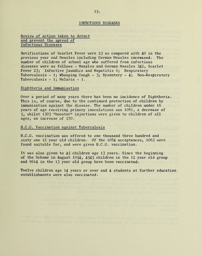 15« INFECTIOUS DISEASES Review of action taken to detect and prevent tlie spread of Infectious Diseases Notifications of Scarlet Fever were 23 as compared with 40 in the previous year and Measles including German Measles increased. The number of children of school age who suffered from infectious diseases were as follows ~ Measles and German Measles 342, Scarlet Fever 23; Infective jaundice and Hepatitis 6; Respiratory Tuberculosis - 1; Whooping Cough - 3; Dysentery - 4; Non-Respiratory Tuberculosis - 1; Malaria - 1, Diphtheria and Immunisation Over a period of many years there has been no incidence of Diphtheria. This is, of course, due to the continued protection of children by immunisation against the disease. The number of children under I6 years of age receiving primary inoculations was IO8I, a decrease of 5, whilst 1303 booster injections were given to children of all ages, an increase of I70. B.C.G. Vaccination against Tuberculosis B.CoG. vaccination was offered to one thousand three hundred and sixty one 12 year old children. Of the IO84 acceptances, IO63 were found suitable for, and were given B.C.G. vaccination. It was also given to 45 children age 13 years. Since the beginning of the Scheme in August 1954, 4545 children in the 12 year old group and 9614 in the 13 year old group have been vaccinated. Twelve children age I4 years or over and 4 students at further education establishments were also vaccinated.