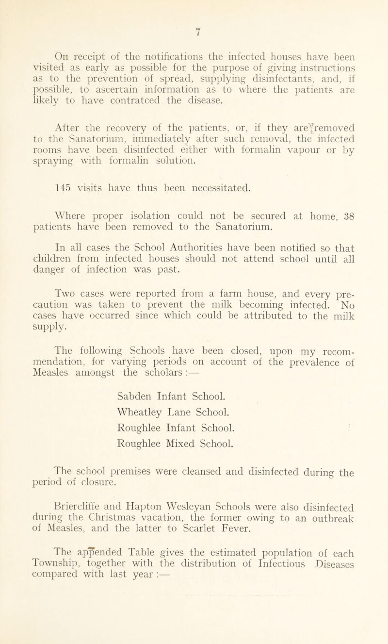 On receipt of the notifications the infected houses have been visited as early as possible for the purpose of giving instructions as to the prevention of spread, supplying disinfectants, and, if possible, to ascertain information as to where the patients are likely to have contratced the disease. After the recovery of the patients, or, if they areYremoved to the Sanatorium, immediately after such removal, the infected rooms have been disinfected either with formalin vapour or by spraying with formalin solution. 145 visits have thus been necessitated. Where proper isolation could not be secured at home, 38 patients have been removed to the Sanatorium. In all cases the School Authorities have been notified so that children from infected houses should not attend school until all danger of infection was past. Two cases were reported from a farm house, and every pre- caution was taken to prevent the milk becoming infected. No cases have occurred since which could be attributed to the milk supply. The following Schools have been closed, upon my recom- mendation, for varying periods on account of the prevalence of Measles amongst the scholars :— Sabden Infant School. Wheatley Lane School. Roughlee Infant School. Roughlee Mixed School. The school premises were cleansed and disinfected during the period of closure. Briercliffe and Hapton ¥/esleyan Schools were also disinfected during the Christmas vacation, the former owing to an outbreak of Measles, and the latter to Scarlet Fever. The appended Table gives the estimated population of each Township, together with the distribution of Infectious .Diseases compared with last year :—