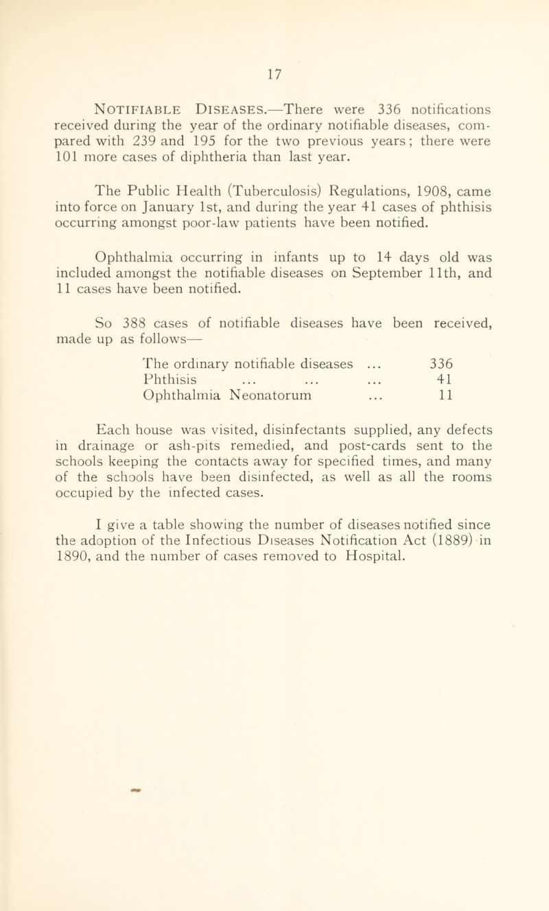 Notifiable Diseases.—There were 336 notifications received during the year of the ordinary notifiable diseases, com- pared with 239 and 195 for the two previous years; there were 101 more cases of diphtheria than last year. The Public Health (Tuberculosis) Regulations, 1908, came into force on January 1st, and during the year 41 cases of phthisis occurring amongst poor-law patients have been notified. Ophthalmia occurring in infants up to 14 days old was included amongst the notifiable diseases on September 11th, and 11 cases have been notified. So 388 cases of notifiable diseases have been received, made up as follows—- The ordinary notifiable diseases Phthisis Ophthalmia Neonatorum 336 41 11 Each house was visited, disinfectants supplied, any defects in drainage or ash-pits remedied, and post-cards sent to the schools keeping the contacts away for specified times, and many of the schools have been disinfected, as well as all the rooms occupied by the infected cases. I give a table showing the number of diseases notified since the adoption of the Infectious Diseases Notification Act (1889) fin 1890, and the number of cases removed to Hospital.