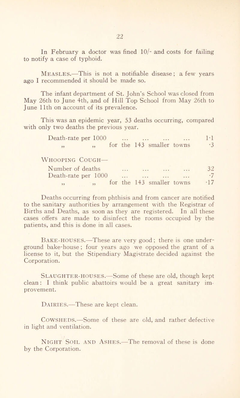In February a doctor was fined 10/- and costs for failing to notify a case of typhoid. Measles.—This is not a notifiable disease; a few years ago I recommended it should be made so. The infant department of St. John’s School was closed from May 26th to June 4th, and of Hill Top School from May 26th to June 11th on account of its prevalence. This was an epidemic year, 53 deaths occurring, compared with only two deaths the previous year. Death-rate per 1000 ... ... ... ... IT ,, ,, for the 143 smaller towns -3 Whooping Cough— Number of deaths ... ... ... ... 32 Death-rate per 1000 ... ... ... ... *7 ,, ,, for the 143 smaller towns T7 Deaths occurring from phthisis and from cancer are notified to the sanitary authorities by arrangement with the Registrar of Births and Deaths, as soon as they are registered. In all these cases offers are made to disinfect the rooms occupied by the patients, and this is done in all cases. Bake-houses.—These are very good; there is one under- ground bake-house ; four years ago we opposed the grant of a license to it, but the Stipendiary Magistrate decided against the Corporation. Slaughter-houses.—Some of these are old, though kept clean: I think public abattoirs would be a great sanitary im- provement. Dairies.—These are kept clean. Cowsheds.—Some of these are old, and rather defective in light and ventilation. Night Soil and Ashes.—The removal of these is done by the Corporation.
