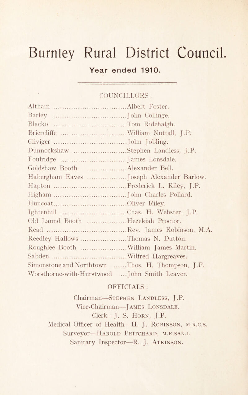 Year ended 1910. COl^XCriJ.ORS ; Altham l^arley Blacko Hriercliffe Cliviger Dunnockshaw Foulridge Goldshaw Booth Habergham Eaves Hapton High am Himcoat Ightenhill Old Laiind Booth Read Reedley Hallows Roughlee Booth Sabden Simonstone and Northtown Worsthorne-with-Hurstwood xA-lbert Foster. John Collinge. Tom Ridehalgh. William Xnttall, J.P. John Jobling. Stephen Landless, J.P. James Lonsdale. Alexander Bell. Joseph Alexander Barlow. Frederick T.. Riley, J.P. John Charles Pollard. Oliver Riley. Chas. H. Webster, J.P. Hezekiah Proctor. Rev. James Robinson, M.A. Thomas N. Dutton. William James Martin. Wilfred Hargreaves. .Thos. H. Thompson, J.P. .John Smith Leaver. OFFICIALS : Chairman—Stephen Landless, J.P. Vice-Chairman—James Lonsdale. Clerk—J. S. Horn, J.P. Medical Officer of Health—H. J. Robinson, m.r.c.s. Surveyor—Harold Pritchard, m.r.san.i. Sanitary Inspector—R. J. Atkinson.