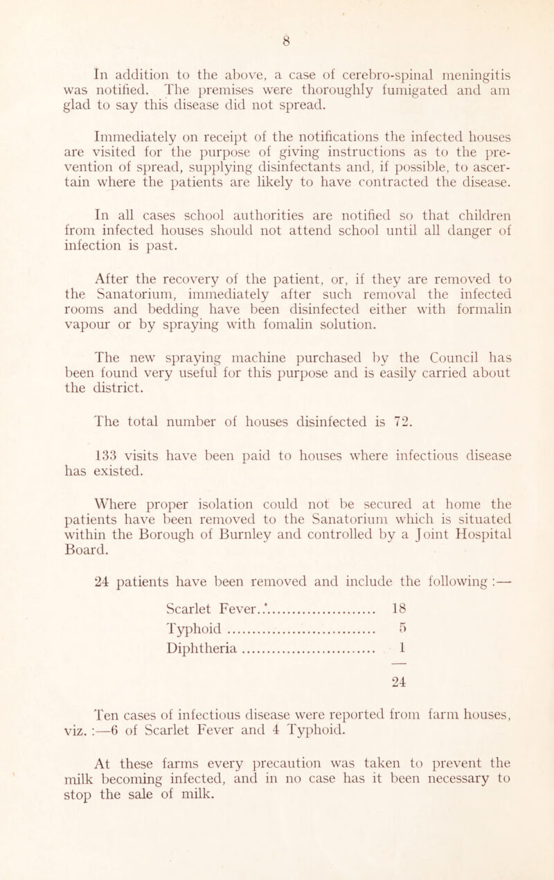 In addition to the above, a case of cerebro-spinal meningitis was notified. The premises were thoroughly fumigated and am glad to say this disease did not spread. Immediately on receipt of the notifications the infected houses are visited for the purpose of giving instructions as to the pre- vention of spread, supplying disinfectants and, if possible, to ascer- tain where the patients are likely to have contracted the disease. In all cases school authorities are notified so that children from infected houses should not attend school until all danger of infection is past. After the recovery of the patient, or, if they are removed to the Sanatorium, immediately after such removal the infected rooms and bedding have been disinfected either with formalin vapour or by spraying with fomalin solution. The new spraying machine purchased by the Council has been found very useful for this purpose and is easily carried about the district. The total number of houses disinfected is 72. 133 visits have been paid to houses where infectious disease has existed. Where proper isolation could not be secured at home the patients have been removed to the Sanatorium which is situated within the Borough of Burnley and controlled by a Joint Hospital Board. 24 patients have been removed and include the following :— Scarlet Fever..* 18 Typhoid 5 Diphtheria 1 24 Ten cases of infectious disease were reported from farm houses, viz. :—6 of Scarlet Fever and 4 Typhoid. At these farms every precaution was taken to prevent the milk becoming infected, and in no case has it been necessary to stop the sale of milk.