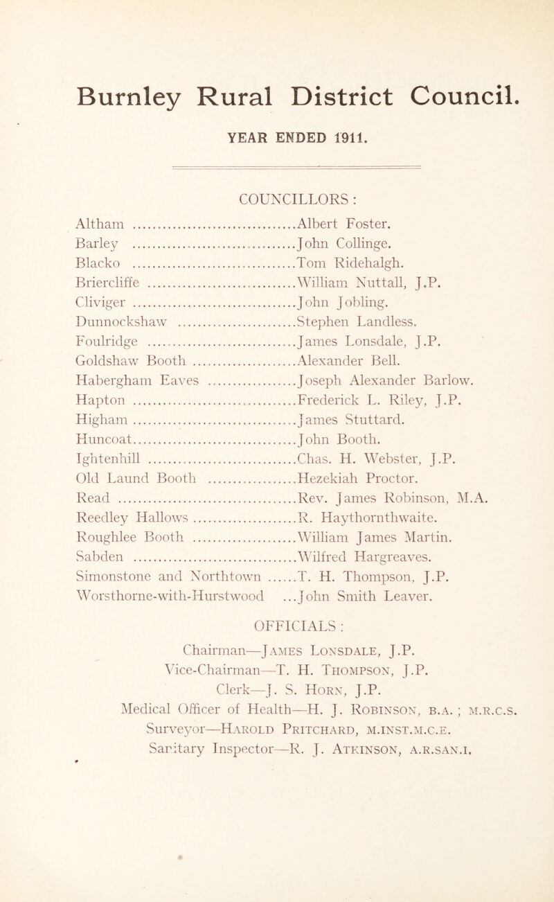 YEAR ENDED 1911. COUNCILLORS : Altham Barley «... Blaeko Briercliffe Cliviger Dunnockshaw Foulridge Goldshaw Booth Habergham Eaves Hapton Higham Huncoat Ightenhill Old Laund Booth Read Reedley Hallows Roughlee Booth Sabden Simonstone and Northtown Worsthorne-with-Hurstwood .Albert Foster. .John Collinge. .Tom Ridehalgh. .William Nuttall, J.P. .John Jobling. .Stephen Landless. .James Lonsdale, J.P. .Alexander Bell. .Joseph Alexander Barlow. .Frederick L. Riley, J.P. .James Stuttard. .John Booth. .Chas. H. Webster, J.P. .Hezekiah Proctor. .Rev. James Robinson, M.A. .R. Haythornthwaite. .William James Martin. .Wilfred Hargreaves. .T. H. Thompson, J.P. .John Smith Leaver. OFFICIALS : Chairman—James Lonsdale, J.P. Vice-Chairman—T. H. Thompson, J.P. Clerk—J. S. Horn, J.P. Medical Officer of Health—H. J. Robinson, b.a. ; m.r.c.s. Surveyor—Harold Pritchard, m.inst.m.c.e. Saritary Inspector—R. J. Atkinson, a.r.san.i.