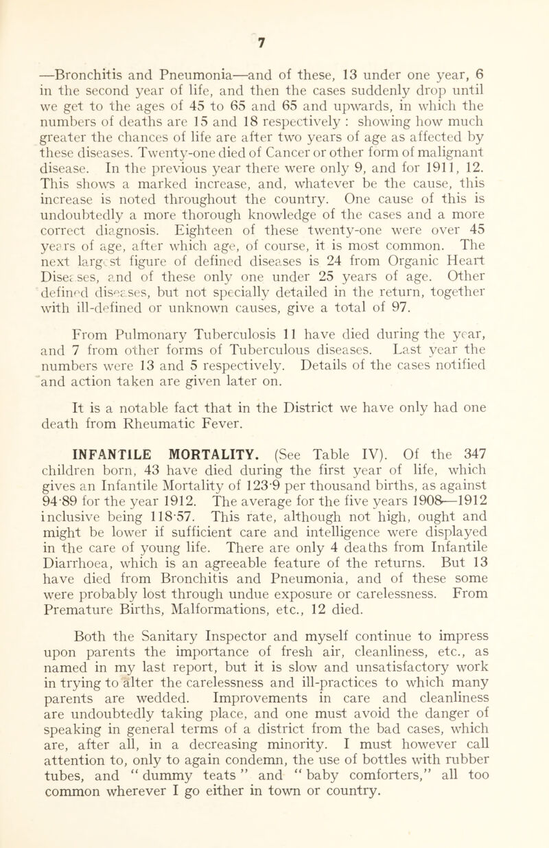 —Bronchitis and Pneumonia—and of these, 13 under one year, 6 in the second year of life, and then the cases suddenly drop until we get to the ages of 45 to 65 and 65 and upwards, in which the numbers of deaths are 15 and 18 respectively : showing how much greater the chances of life are after two years of age as affected by these diseases. Twenty-one died of Cancer or other form of malignant disease. In the previous year there were only 9, and for 1911, 12. This shows a marked increase, and, whatever be the cause, this increase is noted throughout the country. One cause of this is undoubtedly a more thorough knowledge of the cases and a more correct diagnosis. Eighteen of these twenty-one were over 45 years of age, after which age, of course, it is most common. The next largest figure of defined diseases is 24 from Organic Heart Disej ses, and of these only one under 25 years of age. Other defined diseases, but not specially detailed in the return, together with ill-defined or unknown causes, give a total of 97. From Pulmonary Tuberculosis 11 have died during the year, and 7 from other forms of Tuberculous diseases. Last year the numbers were 13 and 5 respectively. Details of the cases notified and action taken are given later on. It is a notable fact that in the District we have only had one death from Rheumatic Fever. INFANTILE MORTALITY. (See Table IV). Of the 347 children born, 43 have died during the first year of life, which gives an Infantile Mortality of 123'9 per thousand births, as against 94-89 for the year 1912. The average for the five years 1908—1912 inclusive being 118-57. This rate, although not high, ought and might be lower if sufficient care and intelligence were displayed in the care of young life. There are only 4 deaths from Infantile Diarrhoea, which is an agreeable feature of the returns. But 13 have died from Bronchitis and Pneumonia, and of these some were probably lost through undue exposure or carelessness. From Premature Births, Malformations, etc., 12 died. Both the Sanitary Inspector and myself continue to impress upon parents the importance of fresh air, cleanliness, etc., as named in my last report, but it is slow and unsatisfactory work in trying to alter the carelessness and ill-practices to which many parents are wedded. Improvements in care and cleanliness are undoubtedly taking place, and one must avoid the danger of speaking in general terms of a district from the bad cases, which are, after all, in a decreasing minority. I must however call attention to, only to again condemn, the use of bottles with rubber tubes, and “ dummy teats ” and “ baby comforters,” all too common wherever I go either in town or country.